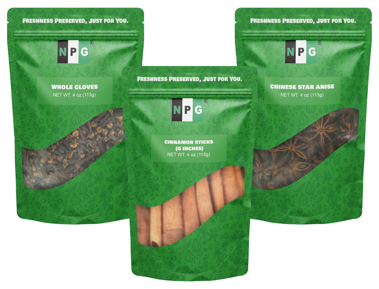 NPG Whole Cloves, Star Anise, and Cinnamon Sticks, 4 Oz Each (Pack of 3), All-Natural, No Preservatives, Perfect for Baking, Coo