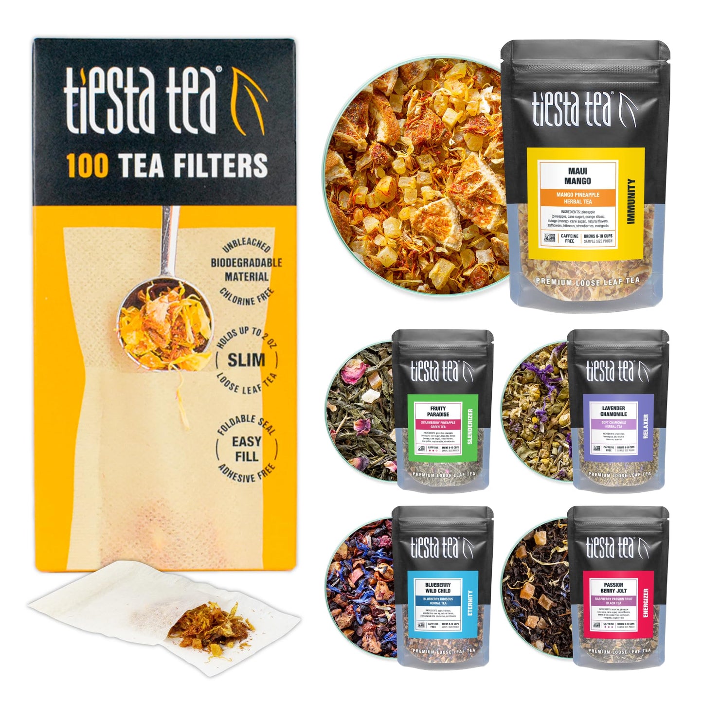 Tiesta Tea Loose Leaf Starter Kit - 104 Piece Set with Black, Green, Herbal Tea Samples & Eco-Friendly Filters, Model 800023