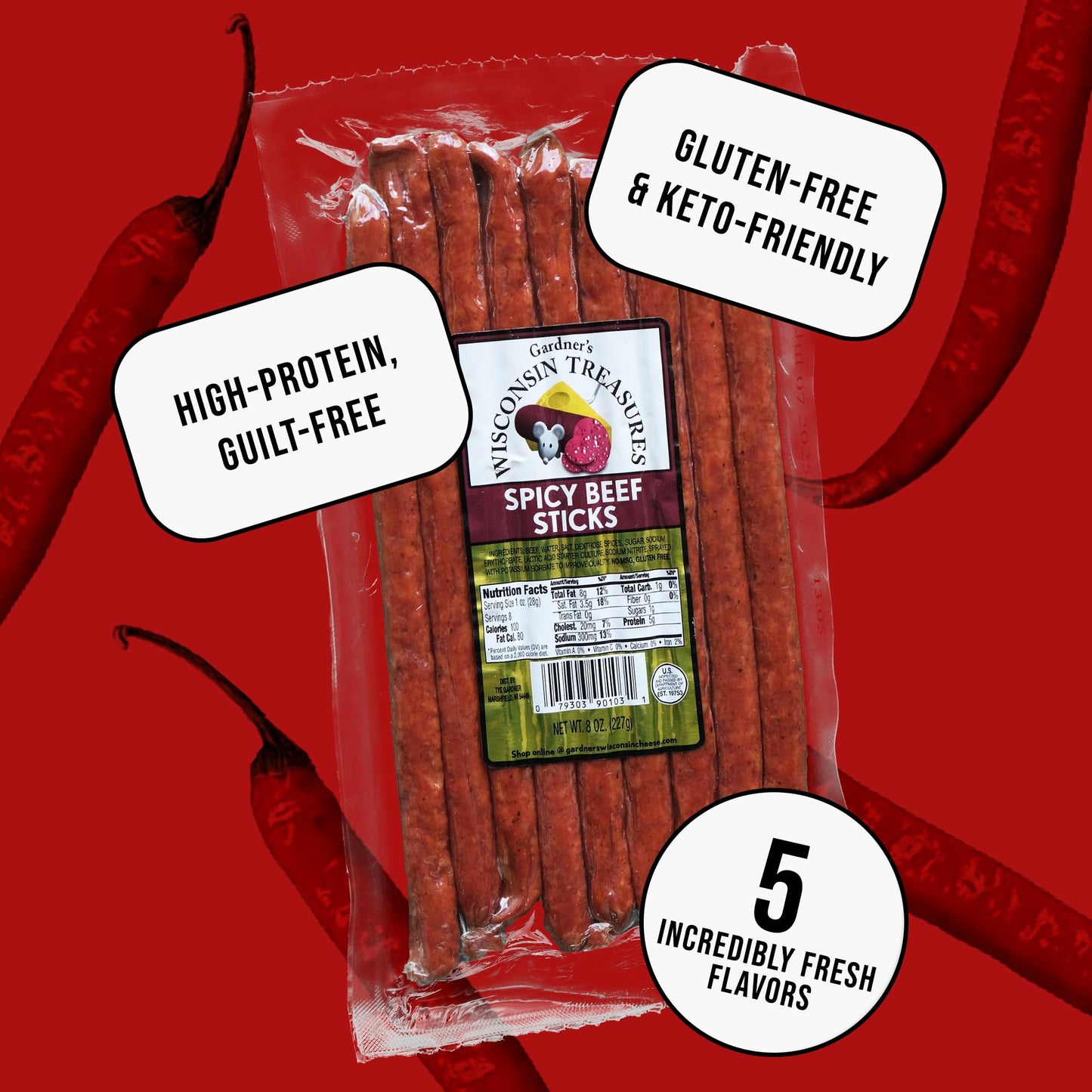 Gardners Wisconsin Cheese, Meat Sticks (1 Ounce Sticks, Pack of 8) - Spicy Beef Flavor, Low Carb Snack, Does Not Require Refrig