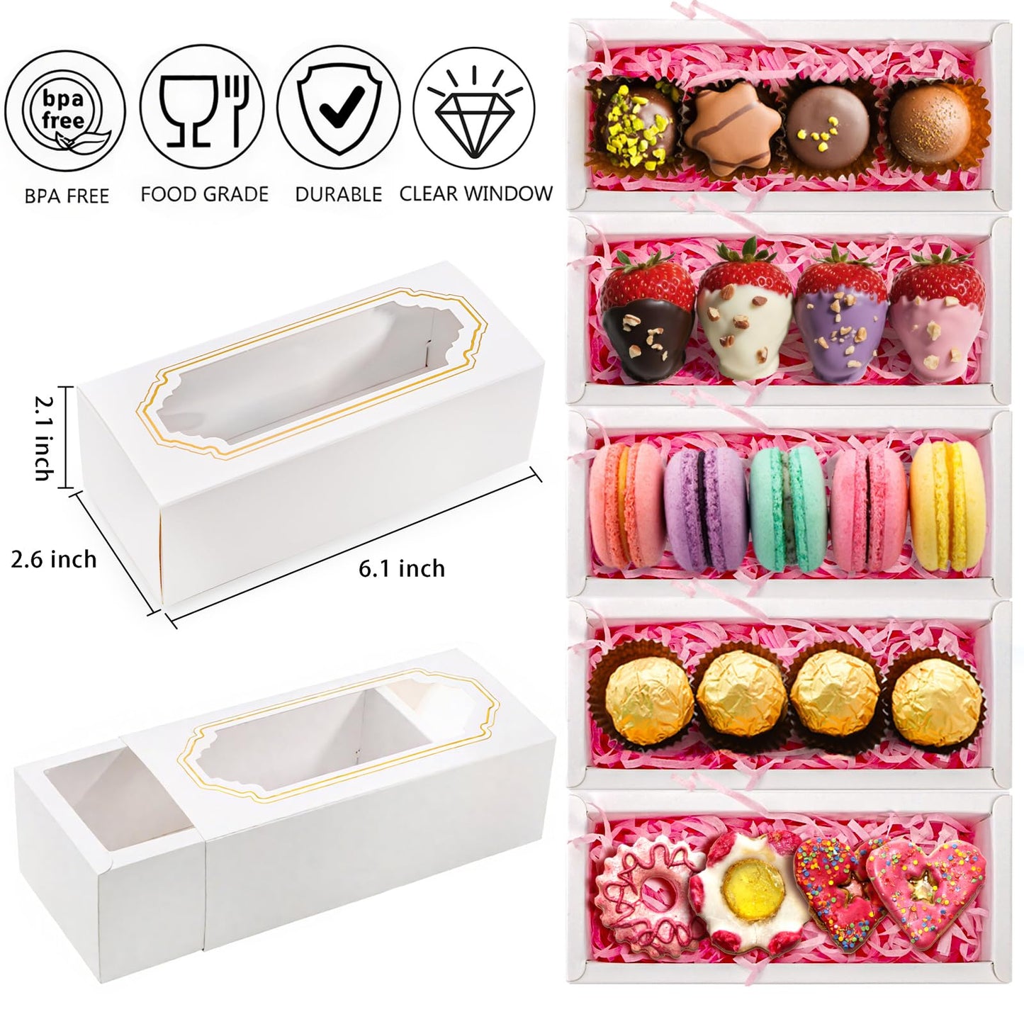 Nicunom 50 Pack Macaron Boxes With Clear Window, Small Macaron Packaging Container Pastry Cookie Candy Strawberry Boxes For 5 Bakery Cocoa Truffle Dessert Wedding Gift