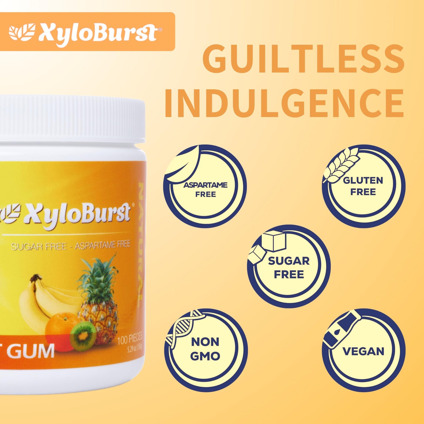 Xyloburst 100% Xylitol, Natural Chewing Gum 100 Count Jar Non Gmo, Vegan, Aspartame Free, Sugar Free (Fruit, 1 Jar)