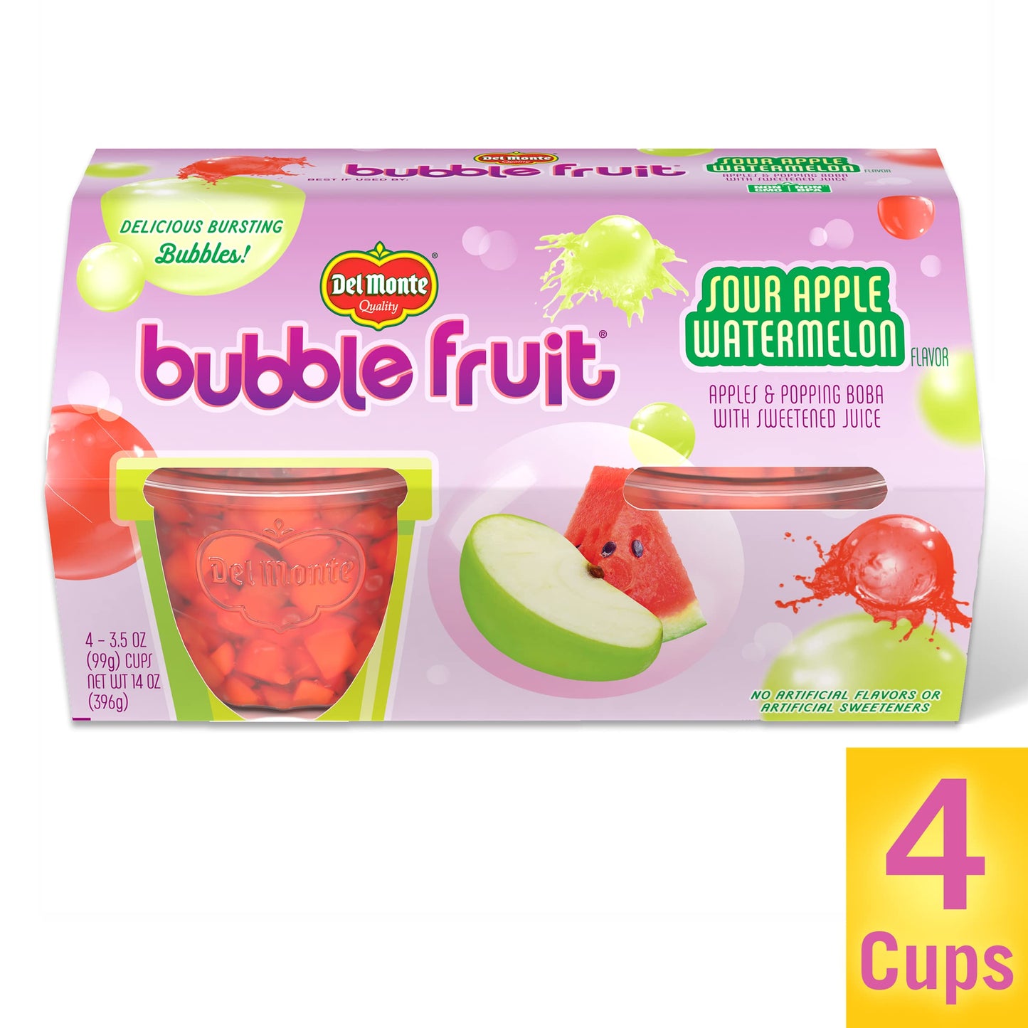 Del Monte Bubble Fruit Sour Apple Watermelon, 3.5 Oz, Pack of 4, Red