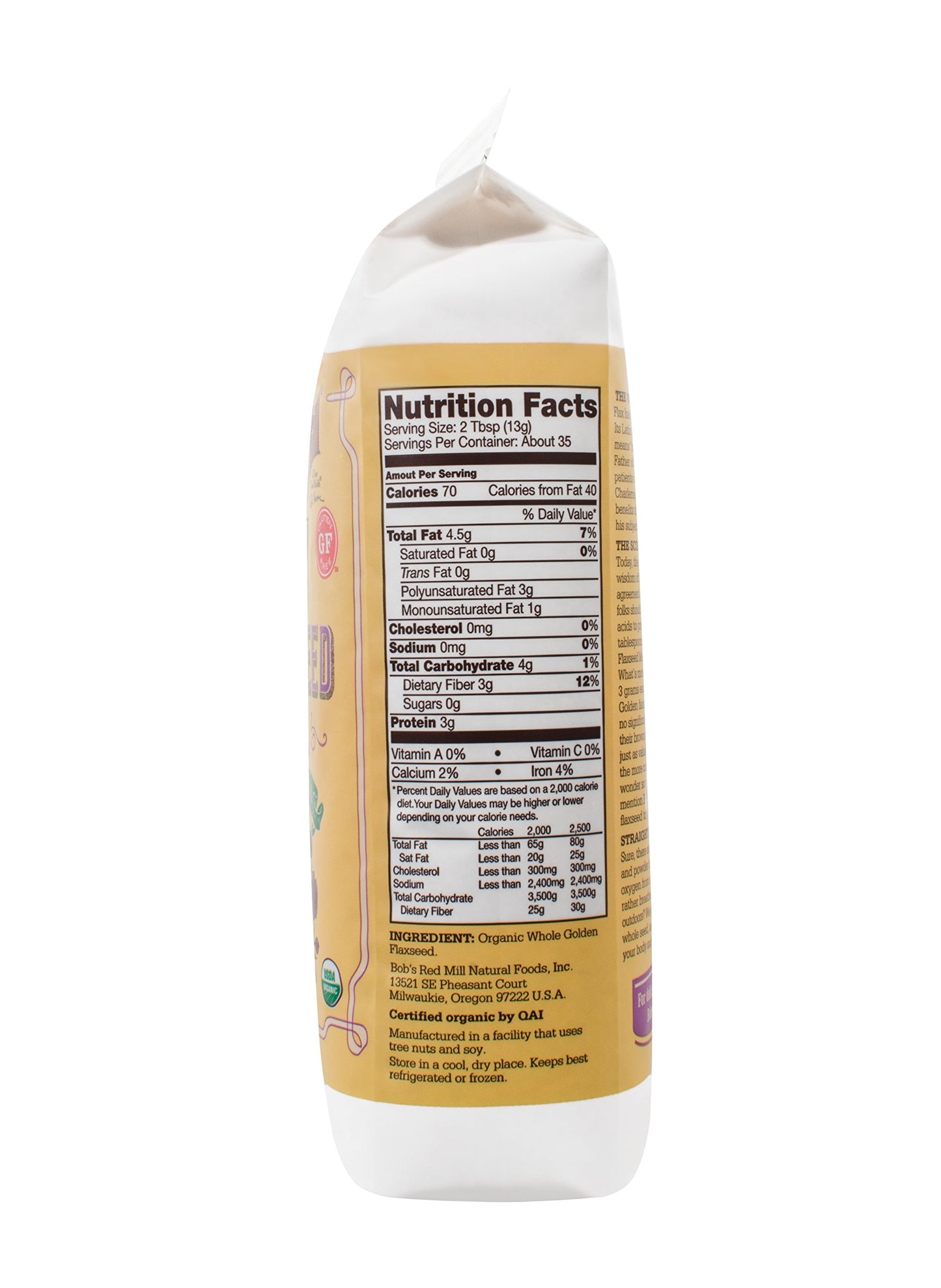 Bob's Red Mill Golden Flaxseed Meal, Organic, Gluten Free, Whole Ground, 16 Ounce