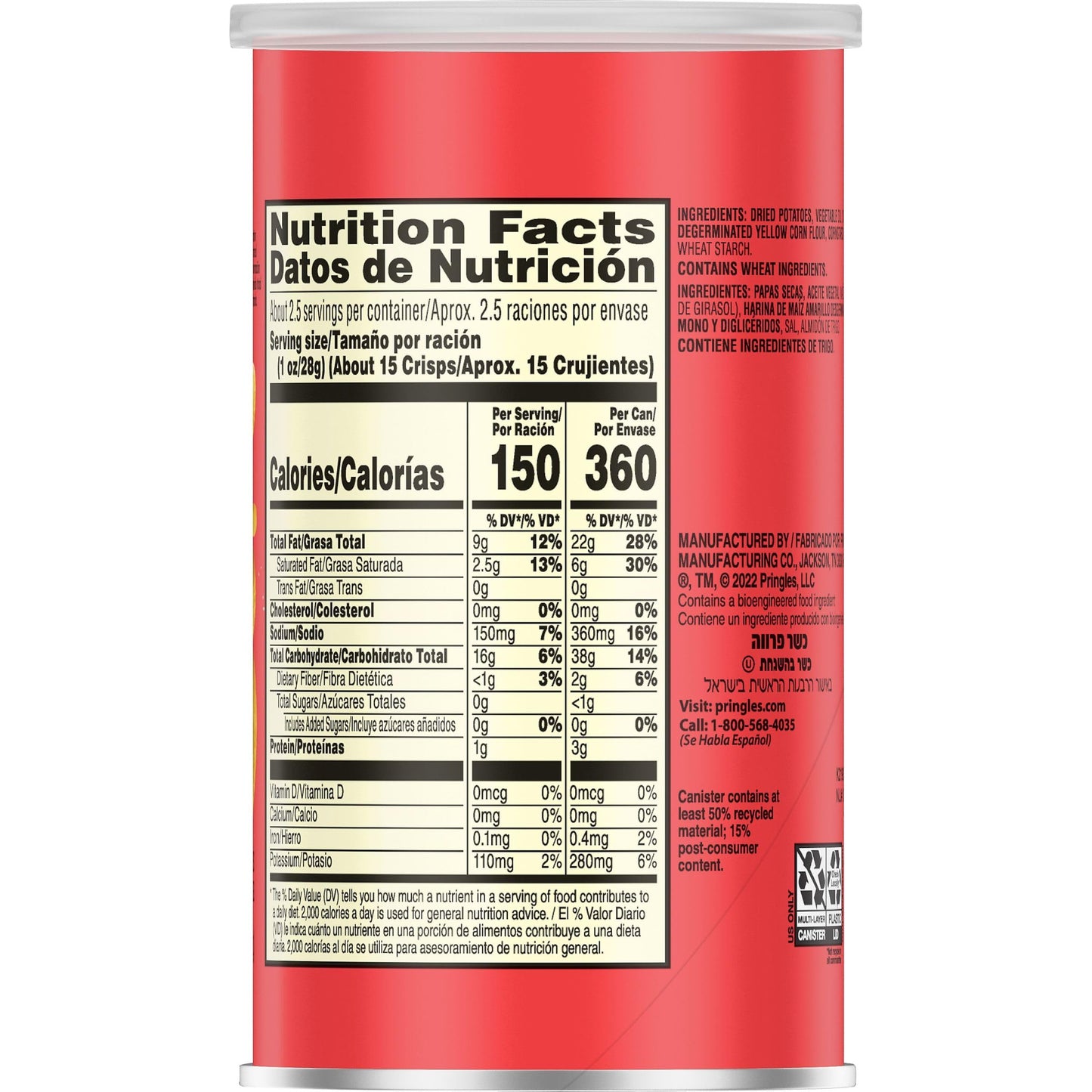 Pringles Potato Crisps Chips, Lunch Snacks, On-the-Go Snacks, Grab N Go, Original, 2.3oz Can (1 Can)