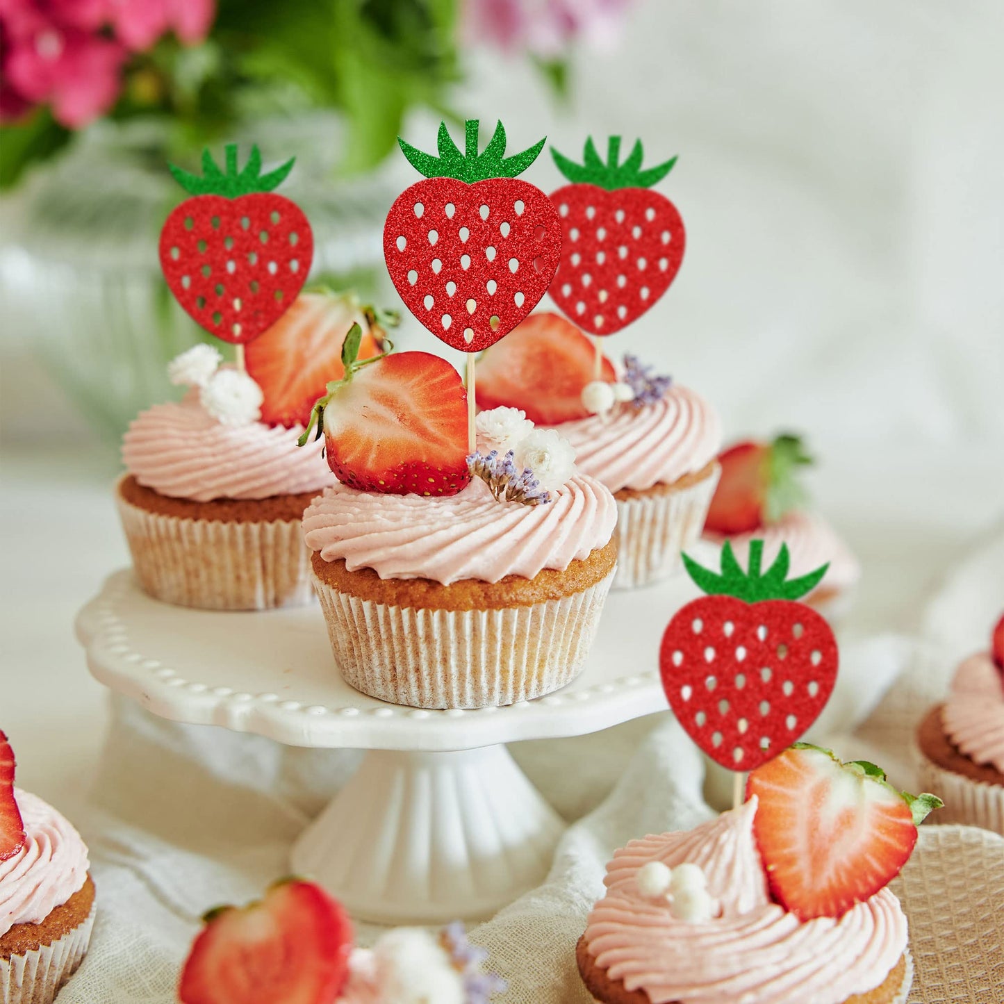 24Pcs Strawberry Cupcake Toppers Red Glitter Fruit Theme Strawberry Cupcake Pick Decorations For Summer Sweet Fruit Baby Shower