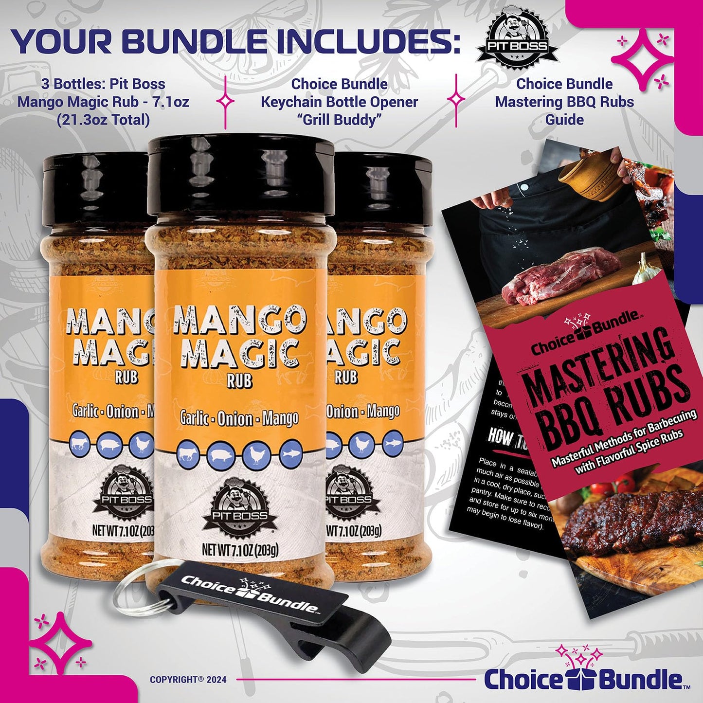 Pit Boss Mango Magic Premium Bbq Barbecue Mixed Seasoning Spice & Dry Rub 3 Pk Choice Bundle (21.3 Oz) + Guide & Keychain Bottle