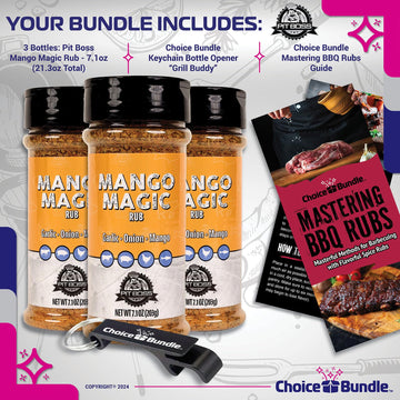 Pit Boss Mango Magic Premium Bbq Barbecue Mixed Seasoning Spice & Dry Rub 3 Pk Choice Bundle (21.3 Oz) + Guide & Keychain Bottle