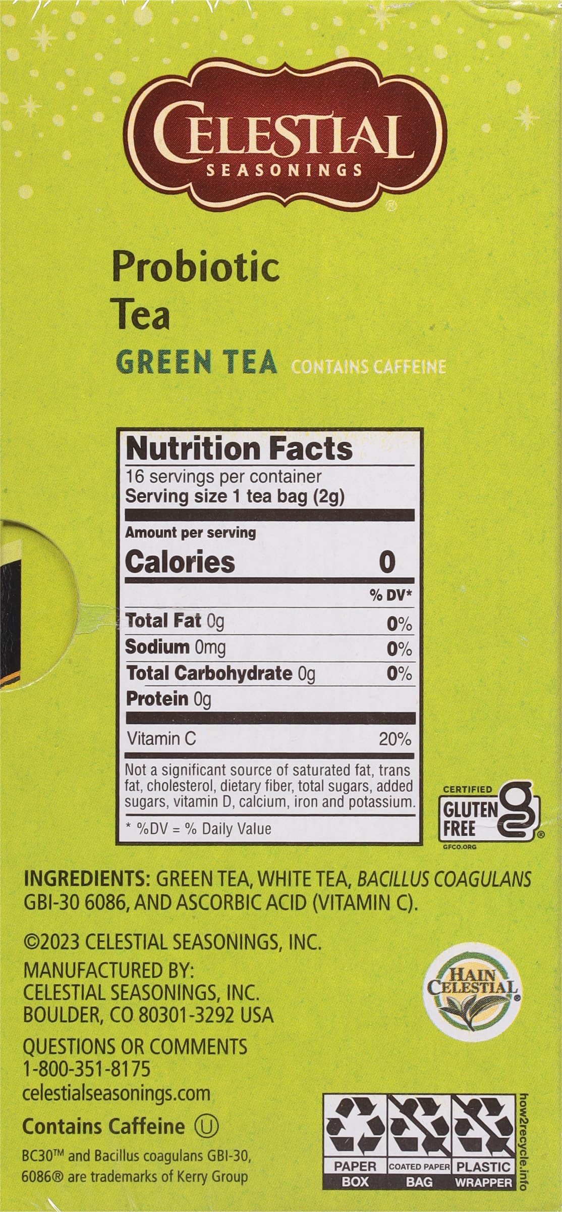 Celestial Seasonings Green Tea Probiotic Tea, Caffeinated, 16 Count, Pack of 6, Natural