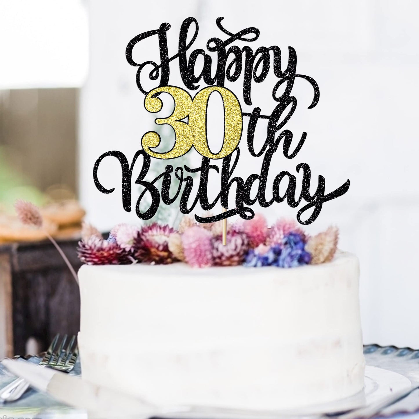 Leetaivie Happy 30Th Birthday Cake Topper, Black Gold Glitter Birthday Cake Topper, 30Th Anniversary/ 30Th Birthday Party Decora