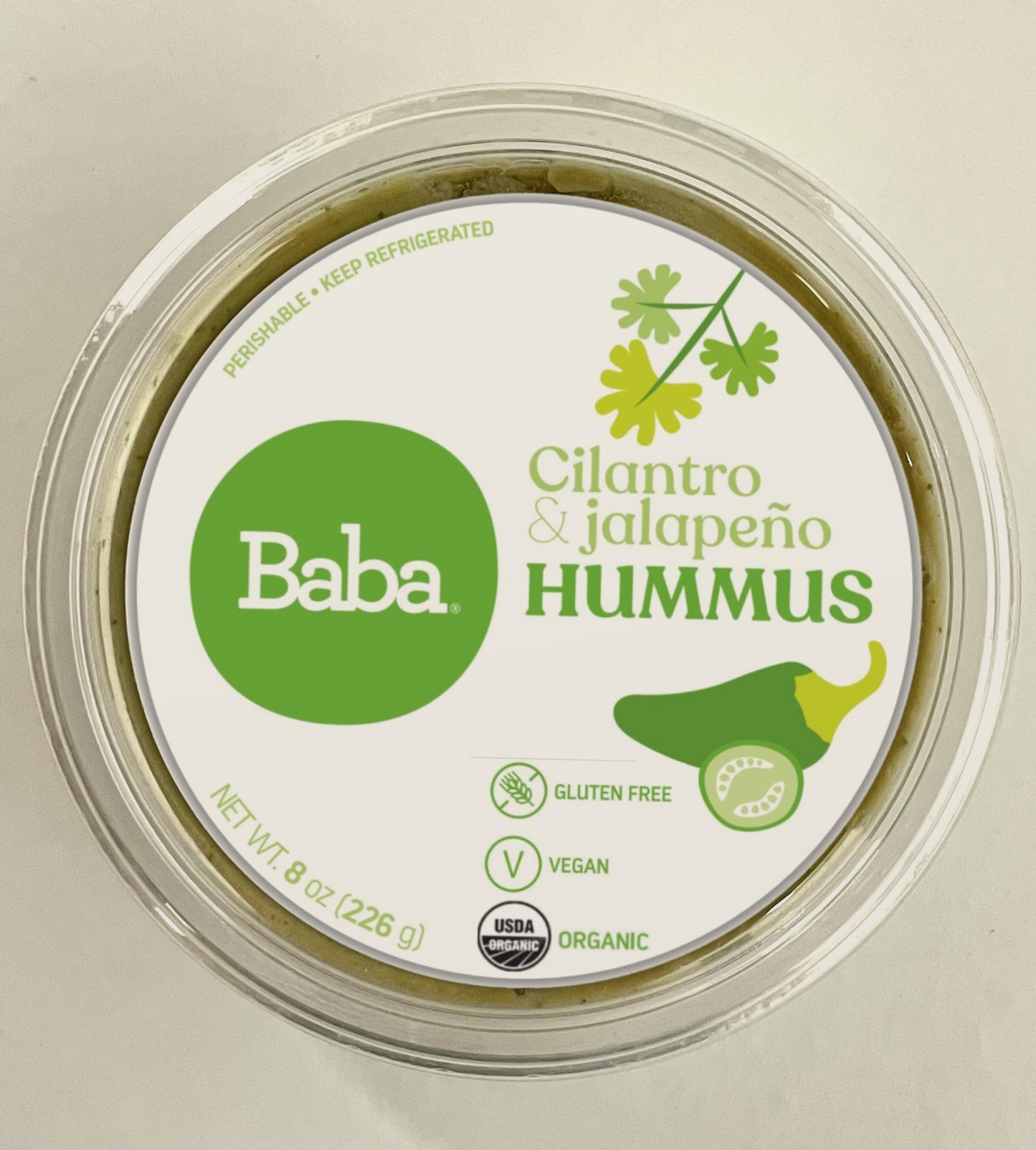 Baba Organic Hummus (8 Oz) - Usda Organic, Gluten Free, Vegan, Non-Gmo, Cholesterol Free, Zero Preservatives (Cilantro & Jalapen