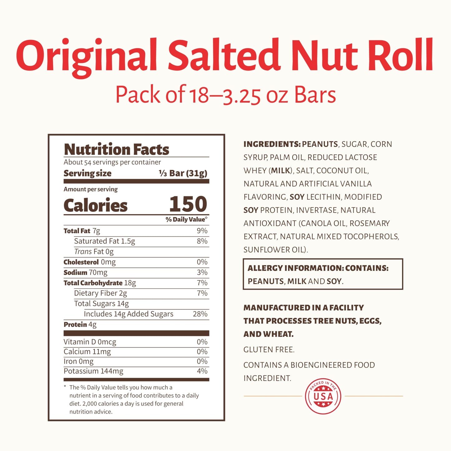 Pearsons King Original Salted Nut Roll | Loaded With Crunchy Roasted Peanuts, Golden Caramel, and Chewy Nougat | Pack of 18-3.2