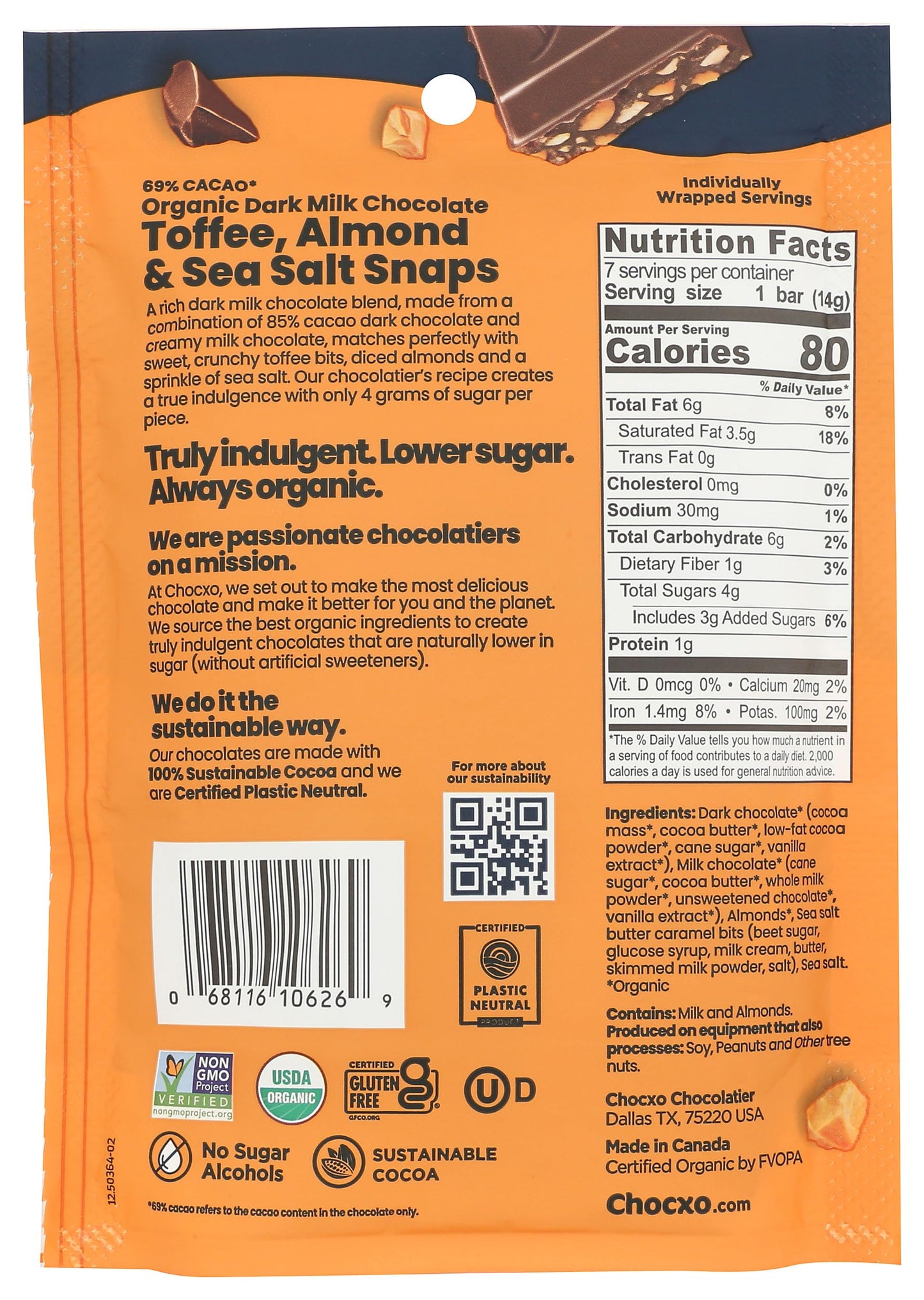 CHOCXO Organic Toffee Almond 69% Dark Milk Chocolate Snaps, 3.45 OZ