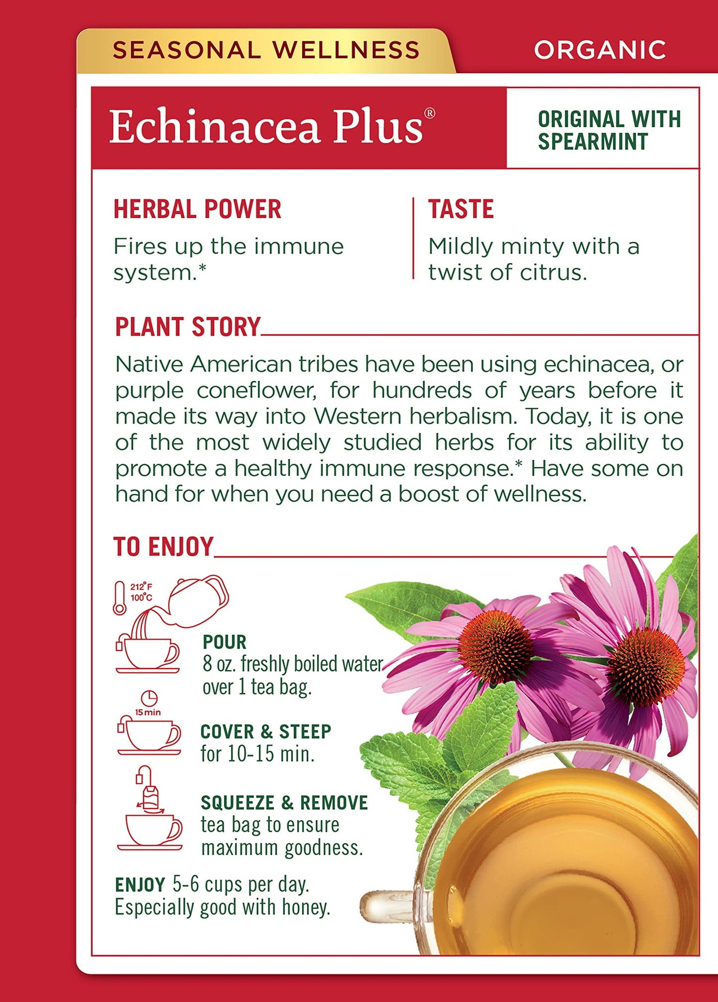 Traditional Medicinals Tea, Organic Echinacea Plus, Promotes Immune Function, W/ Spearmint, 16 Tea Bags