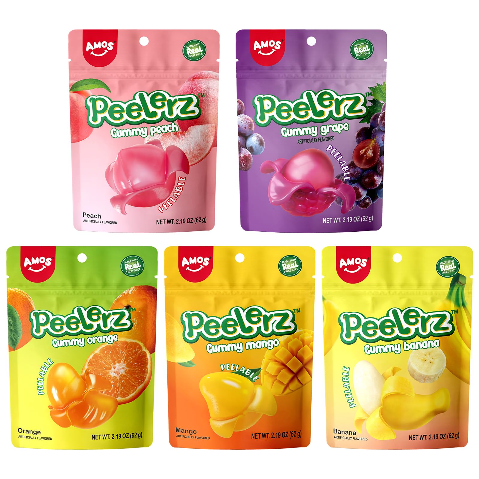 AMOS Peelerz Gummy Variety Pack - 5 Individual Packs, Peelable Fruity Gummies in Mango, Orange, Peach, Grape, and Banana Flavors