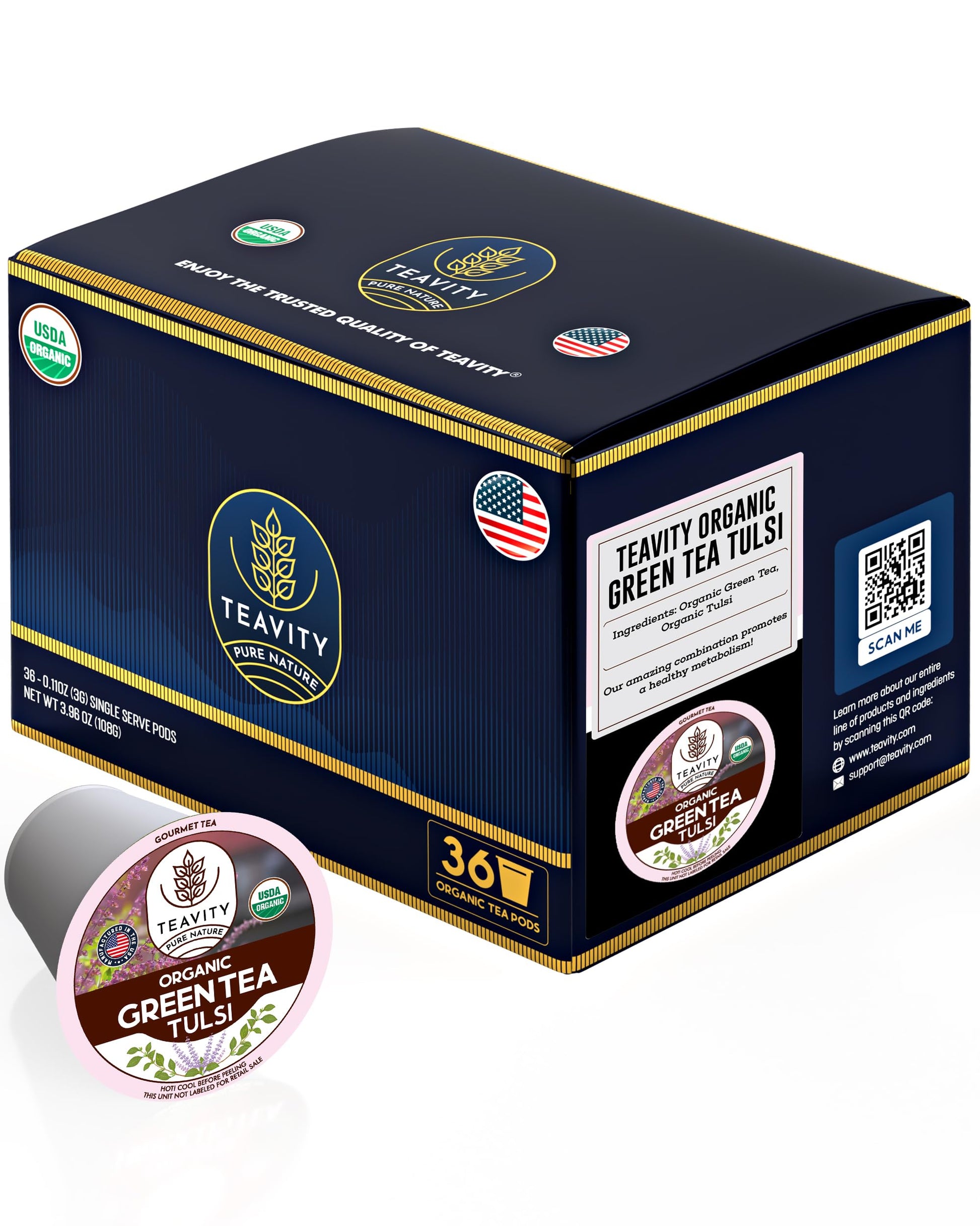 Organic Tulsi Tea Pods with Unsweetened Caffeinated Green Tea Pods for Keurig - Tulsi Green Tea by Teavity (36 Tea Pods)