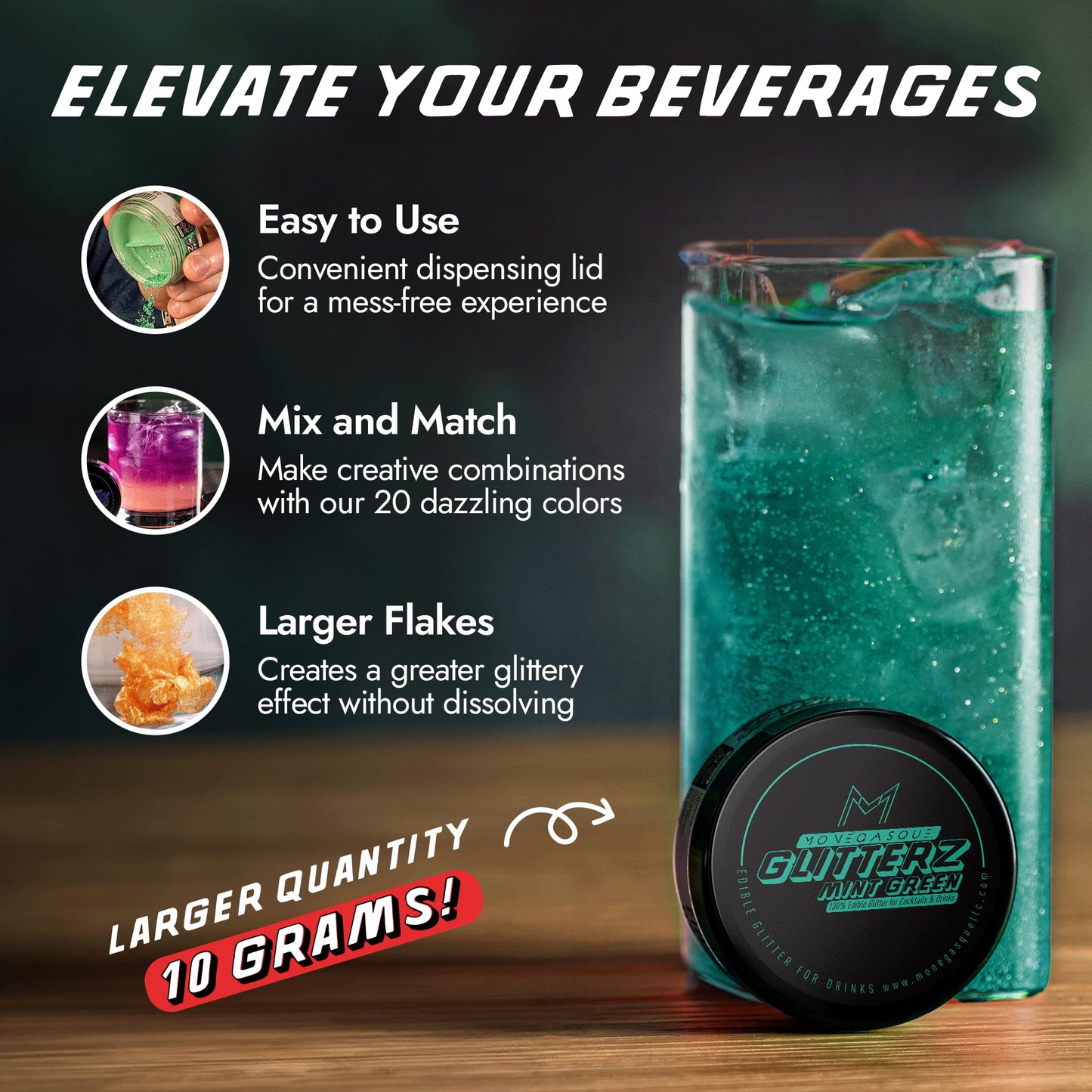 MONÉGASQUE Edible Glitter for Cocktails - Mint Green, 10g - Perfect for Drinks and Cakes