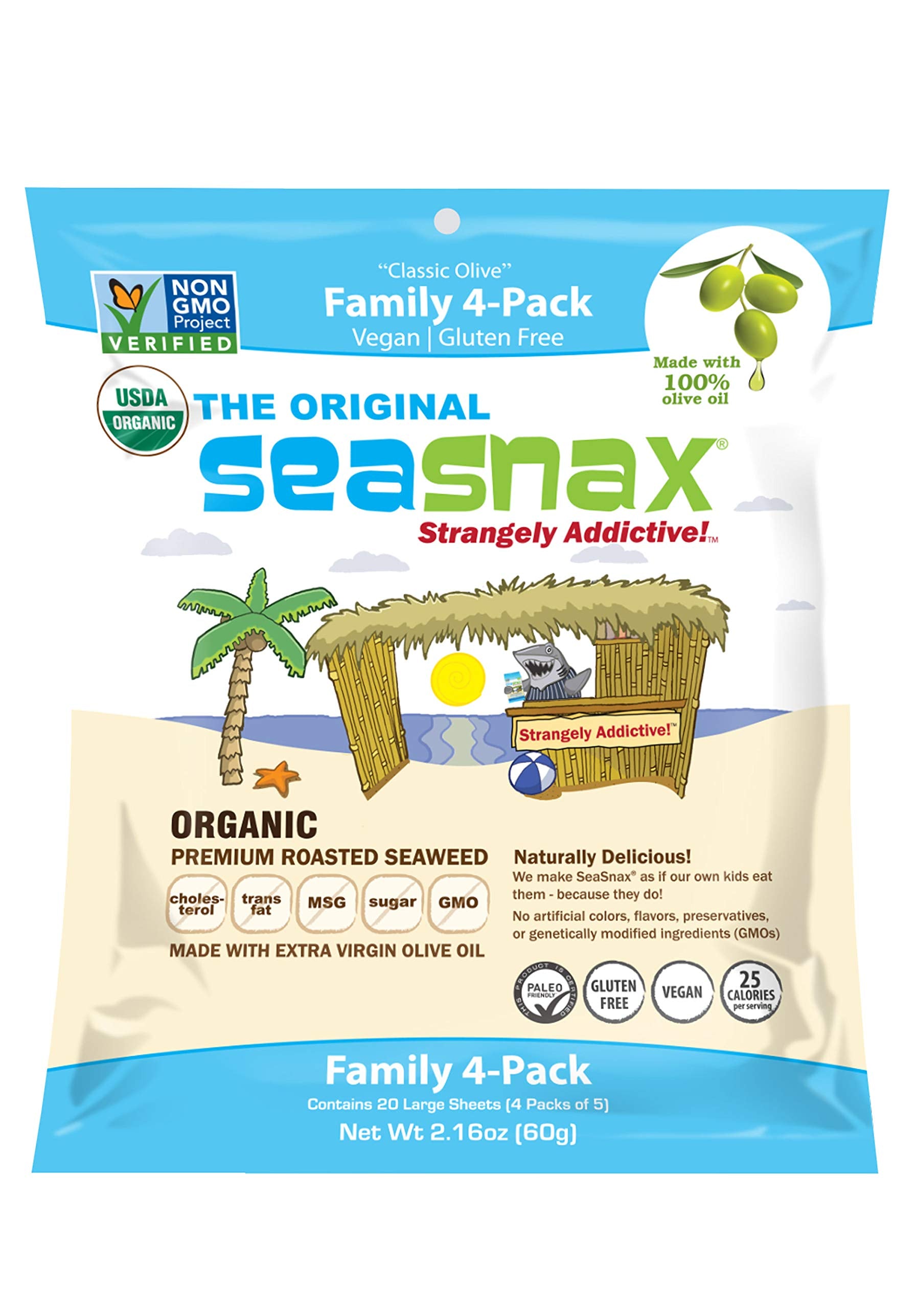 Seasnax Organic Olive Oil Roasted Seaweed Nori Sheets, Original, 2.16 Ounce (20 Large Sheets)