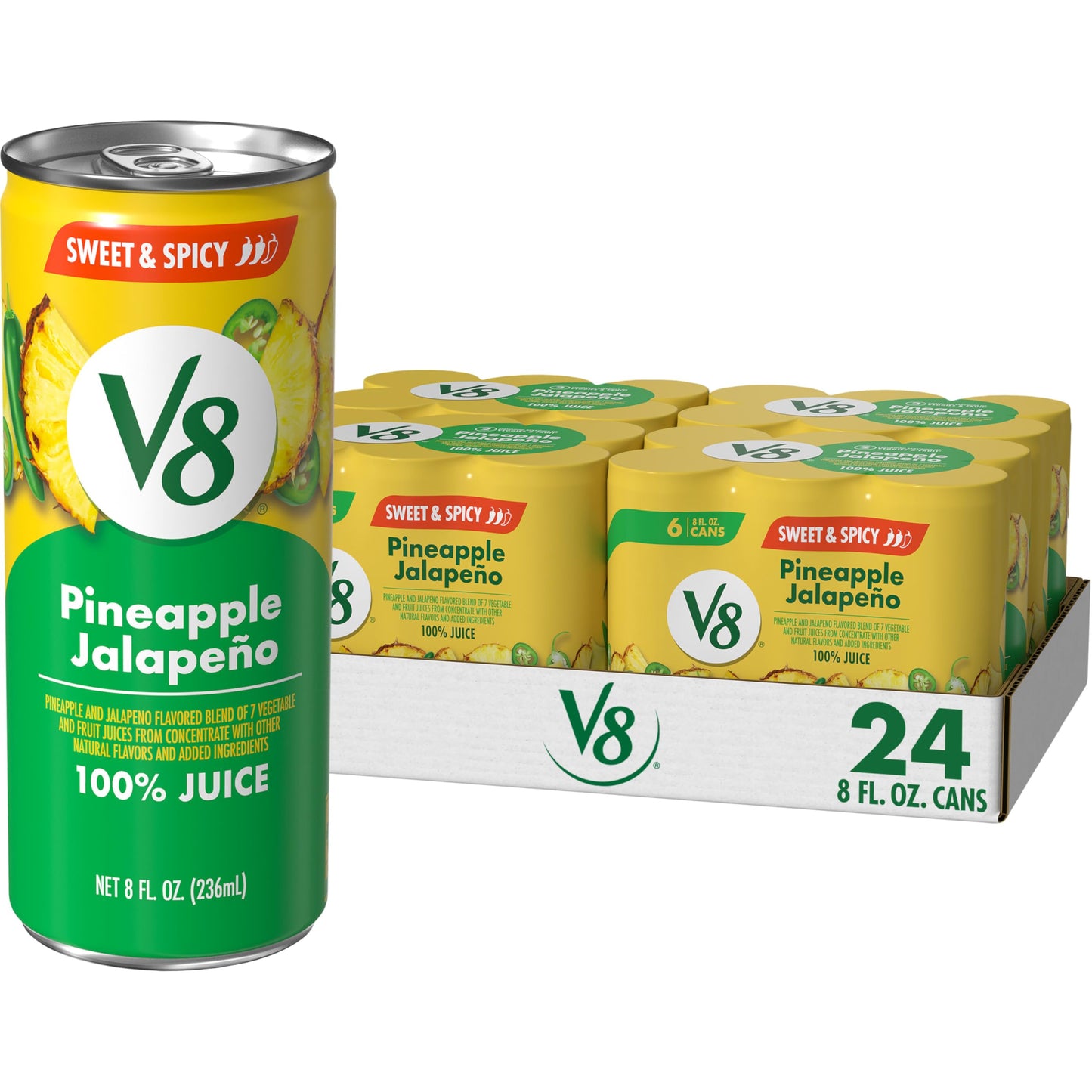 V8 Pineapple Jalapeno 100% Fruit and Vegetable Juice, 8 fl oz Can (24 Pack)