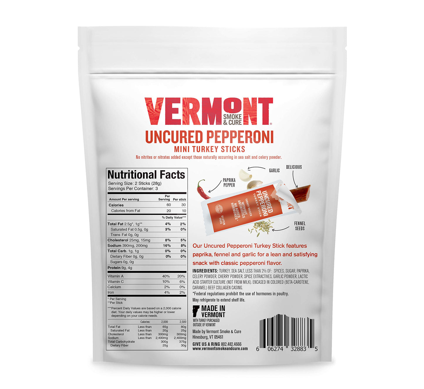 Vermont Smoke & Cure Mini Jerky Stick Go Pack, Turkey, Gluten Free, High Protein, 3oz Pack