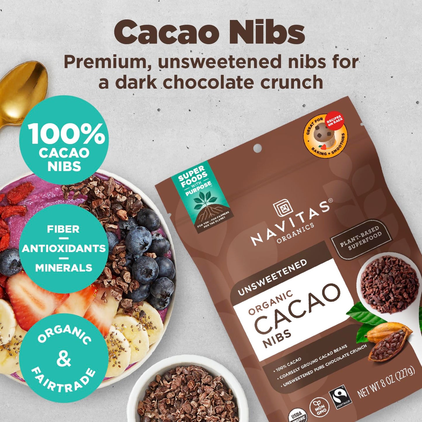 Navitas Organics Raw Cacao Nibs, 8 oz. Bag, 76 Servings - Organic, Non-GMO, Fair Trade, Gluten-Free