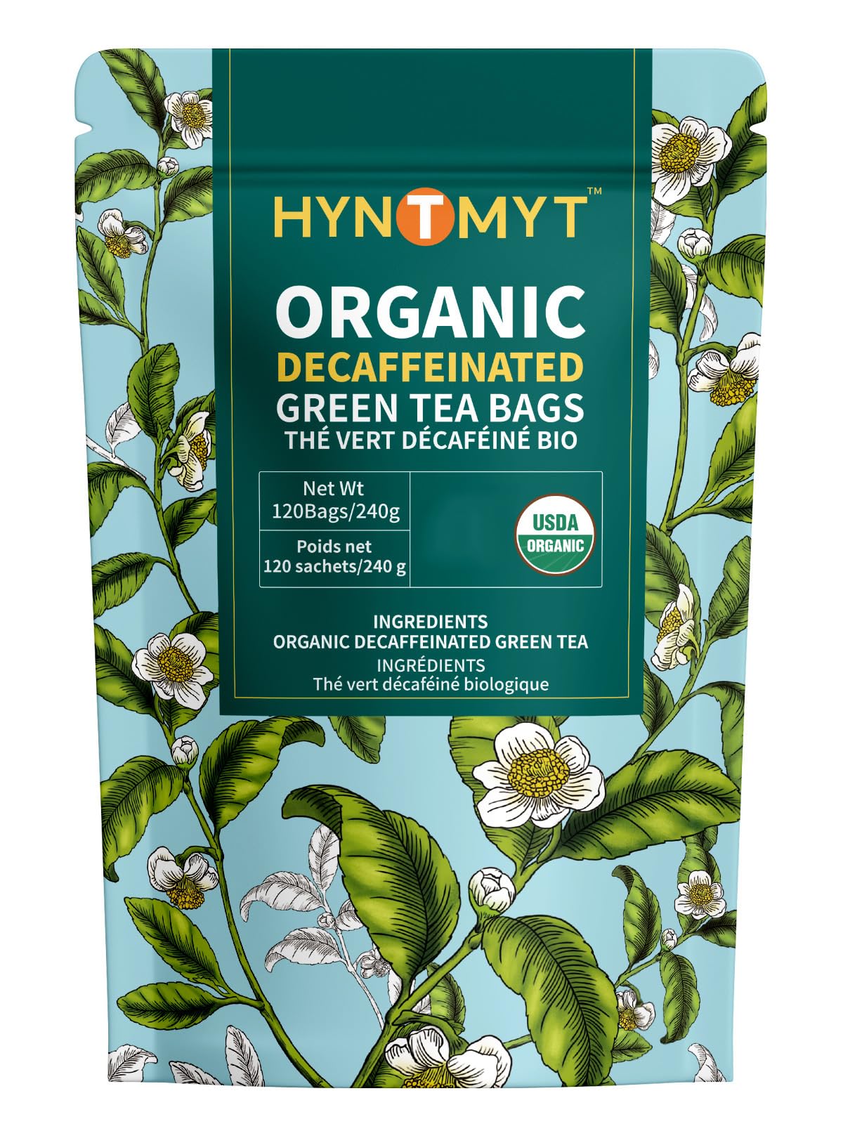 Hyntmyt Organic Decaffeinated Green Tea Bags, Usda Organic Decaf Green Tea, Fresh & Smooth Taste, Unsweetened, 120 Count