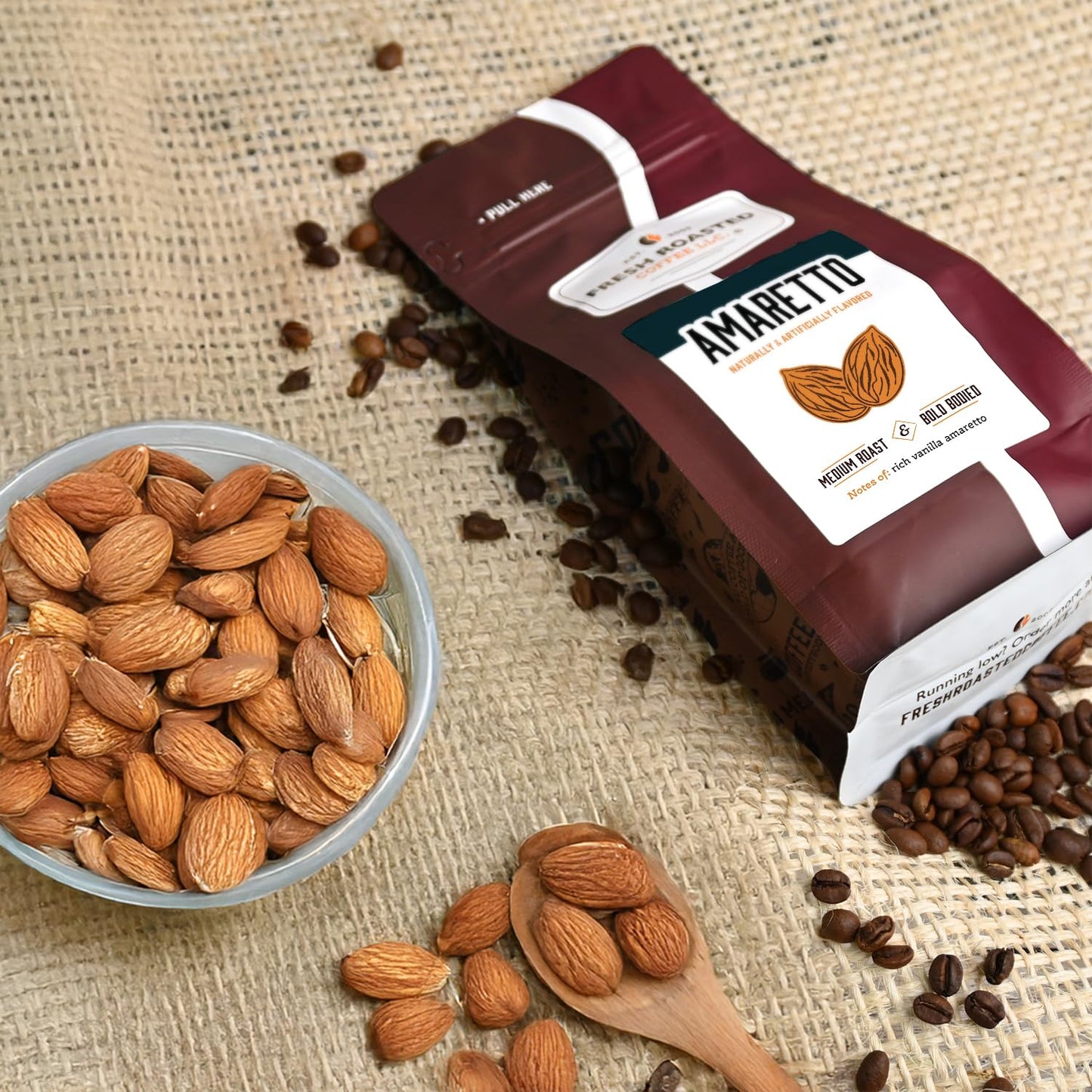 Fresh Roasted Coffee Amaretto Flavored Ground Coffee, Medium Roast, 12 oz, Kosher