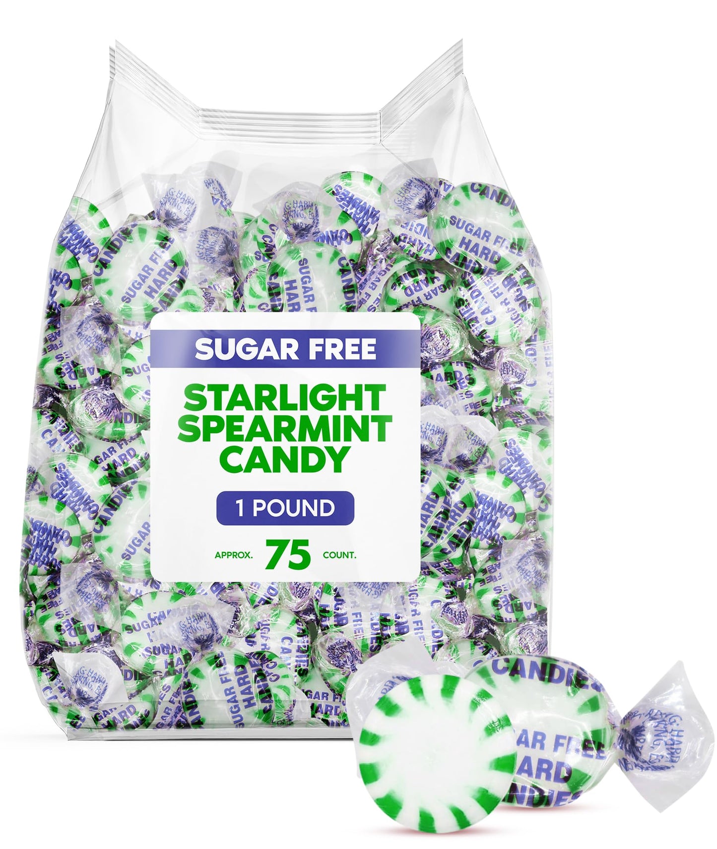 Sugar Free Starlight Spearmint Hard Candy 1 Pound - Individually Wrapped Starlight Mint Discs Hard Candy For Snacks & Treats - A