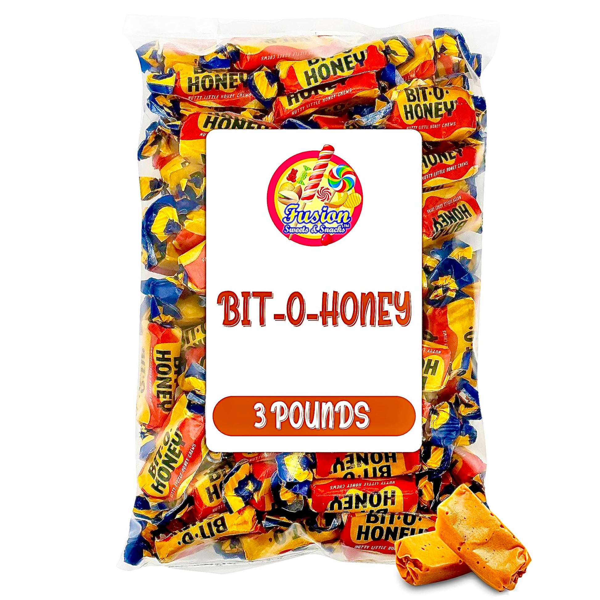 Fusion Sweets Bit-O-Honey Candy - Individually Wrapped Taffy - 3 LB Bulk Bag