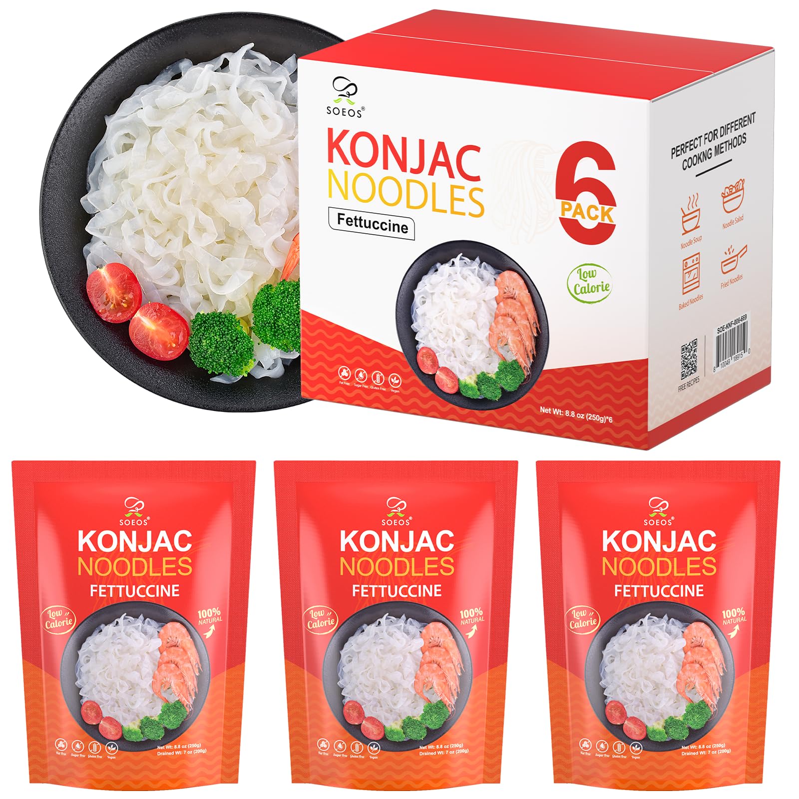 Soeos Konjac Noodles, Fettuccine Pasta, Low Calorie, Low Carb, Keto and Paleo Friendly Shirataki Noodle, Gluten-Free, Fat Free, 