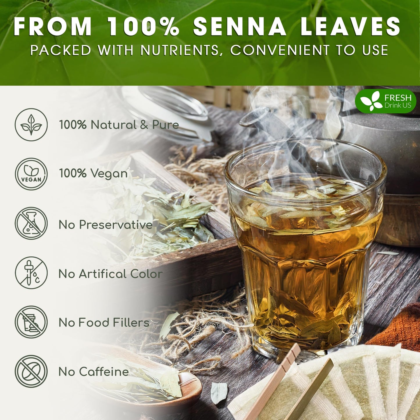 FRESHDRINKUS Premium Senna Leaf Tea Bags, 100% Natural Herbal Tea, 55 Tea Bags, Vegan, No Sugar, No Caffeine, Gluten-Free