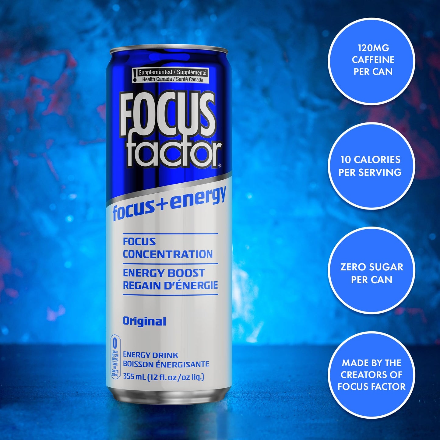 Focus Factor Energy Drink - Original Flavour - Sugar Free, Low Calorie - Pack of 12 Cans - Blue - 355ml Each