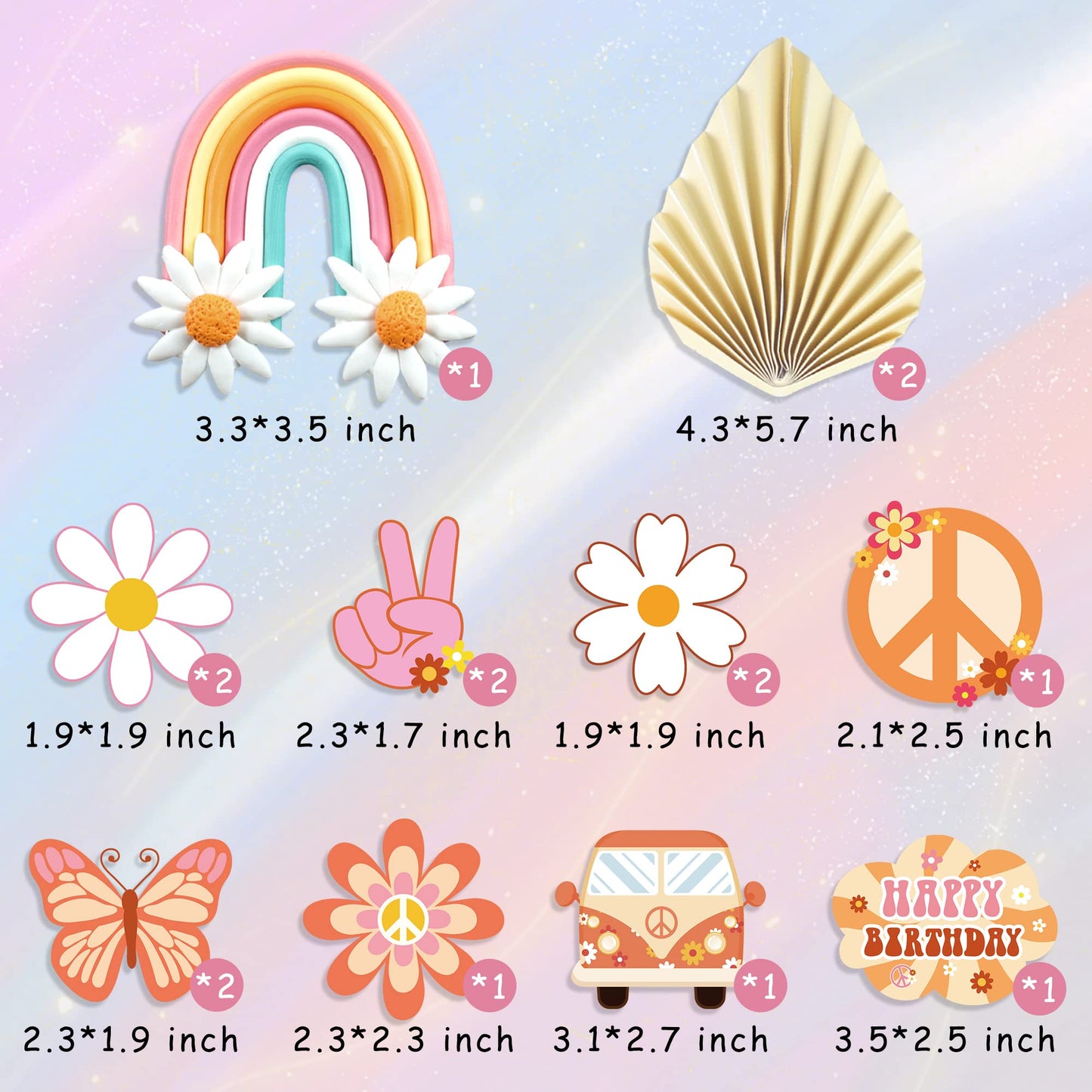 DRWATE 15 PCS Groovy Cupcake Toppers, Boho Rainbow Cake Decorations, Paper, Multicolor, Model GCMGL10009