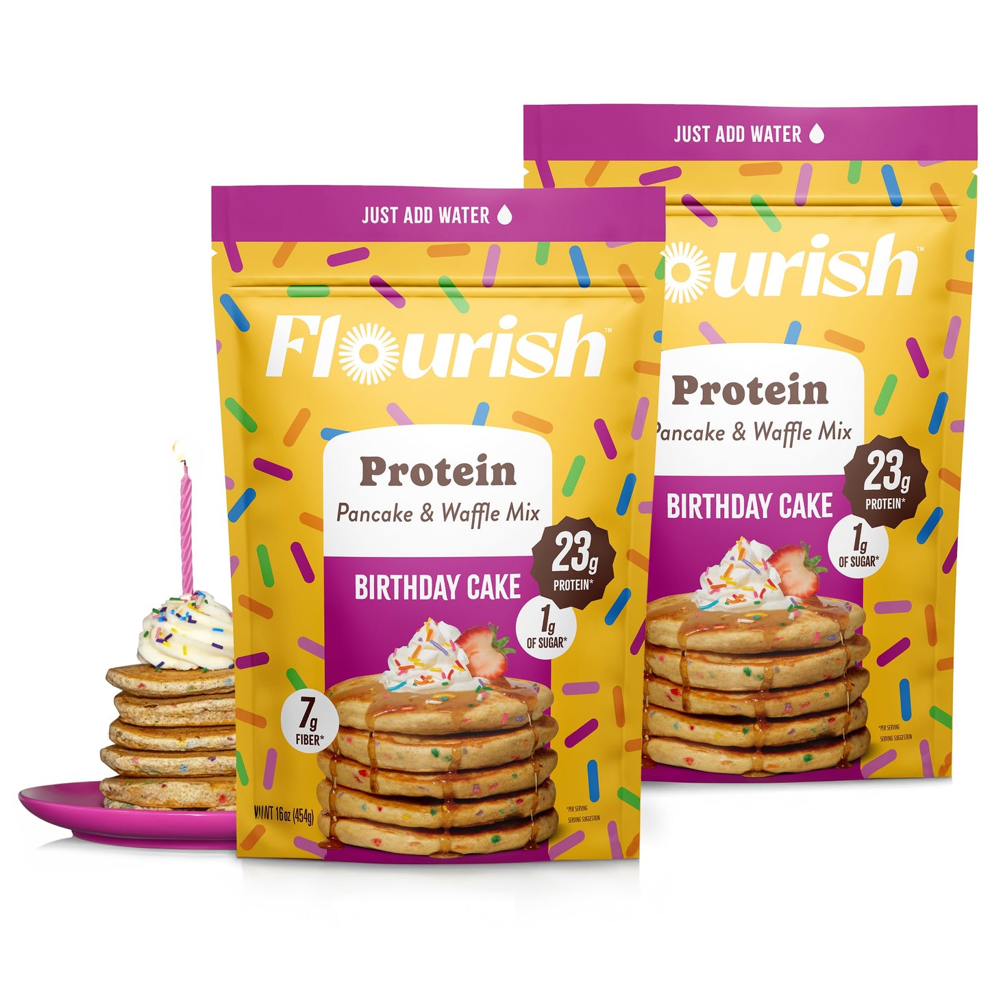 Flourish Protein Pancake & Waffle Mix, Birthday Cake Flavour, 430 g (2 Pack), High in Protein & Fiber, No Added Sugar