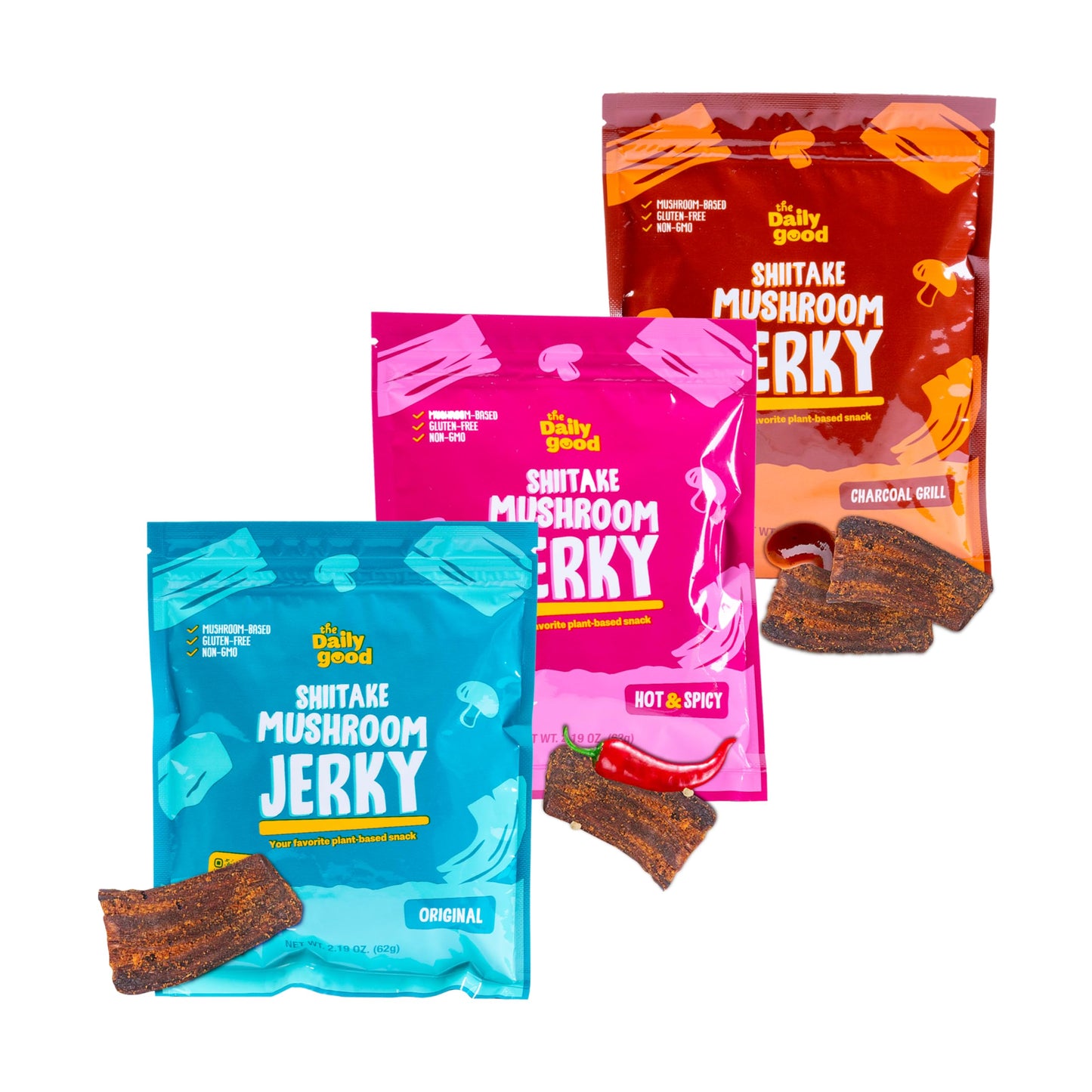 THE DAILY GOOD Mushroom Jerky 3-Pack, High-Fiber, Gluten-Free, Vegetarian, 2.19 oz (Pack of 3)
