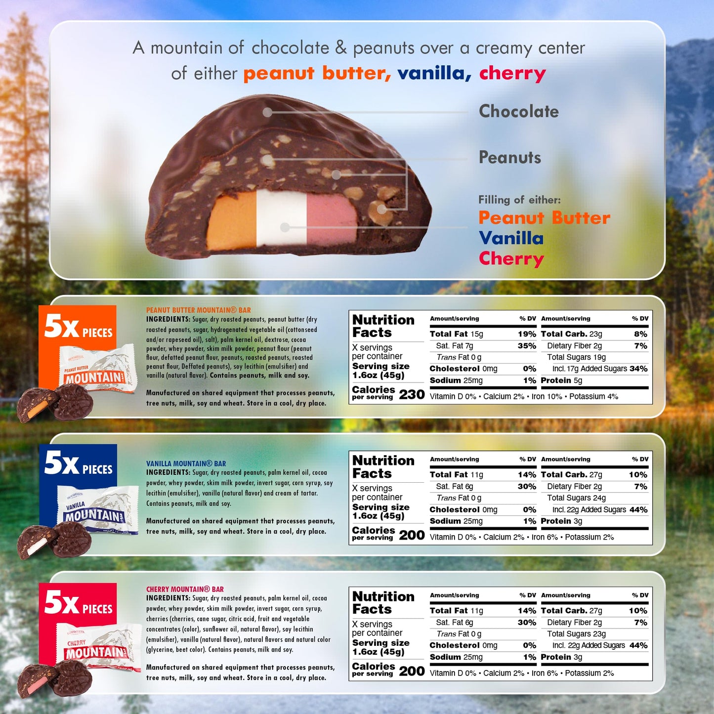 Almond Roca Case Of 15 Mountain Bars Variety Pack - 5 Vanilla, 5 Cherry, 5 Peanut Butter - 1.6Oz Individually Wrapped Chocolate Candy Bars - Chocolate Candy With Peanuts And Creamy Flavored Center