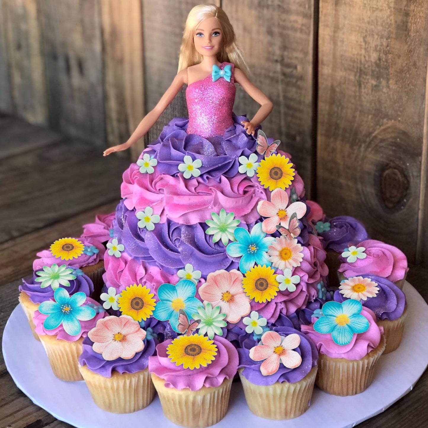 Morofme 55Pcs Edible Flower Butterflies Cake Topper Wafer Paper Flower Cupcake Toppers Hawaiian Flower Cake Decorations Mixed Si