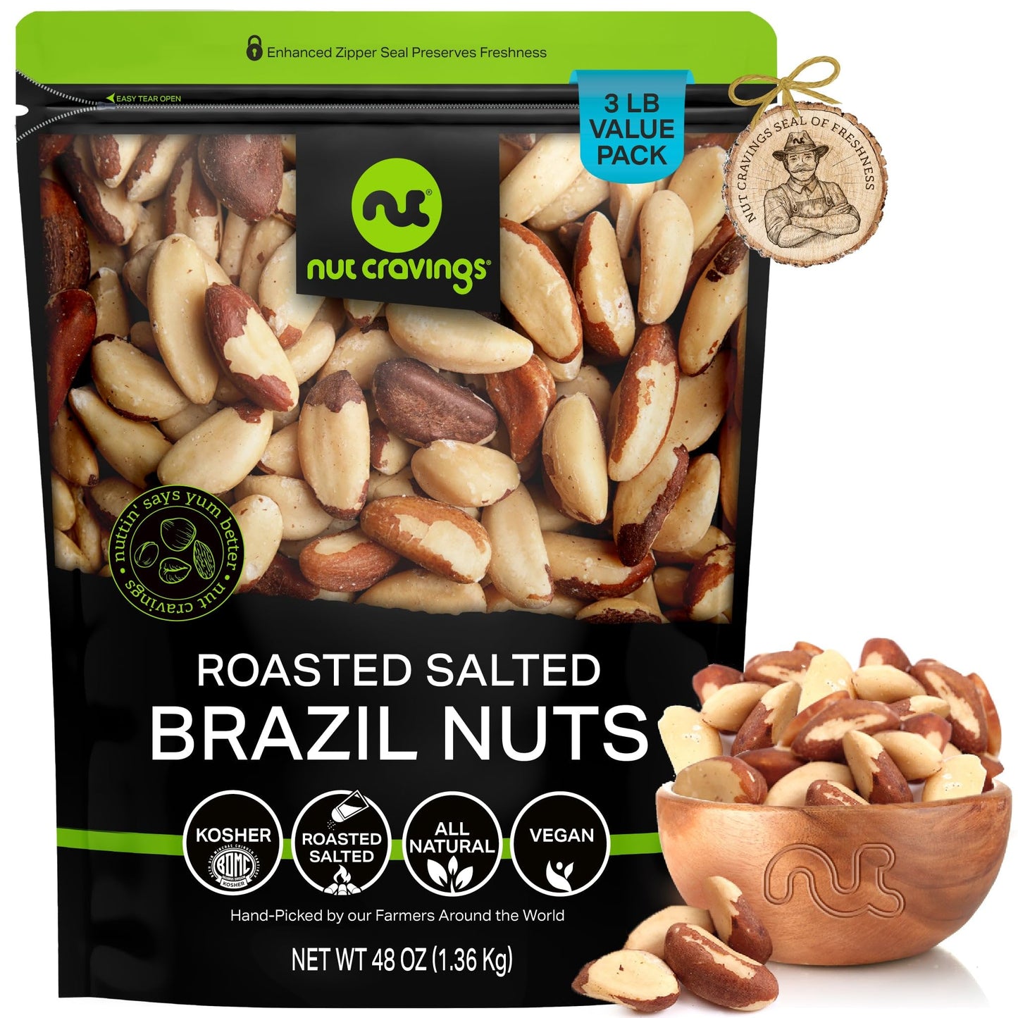 NUT CRAVINGS - Brazil Nuts Roasted & Salted - No Shell, Whole (48oz - 3 LB) Bulk Nuts Packed Fresh in Resealable Bag - Healthy P