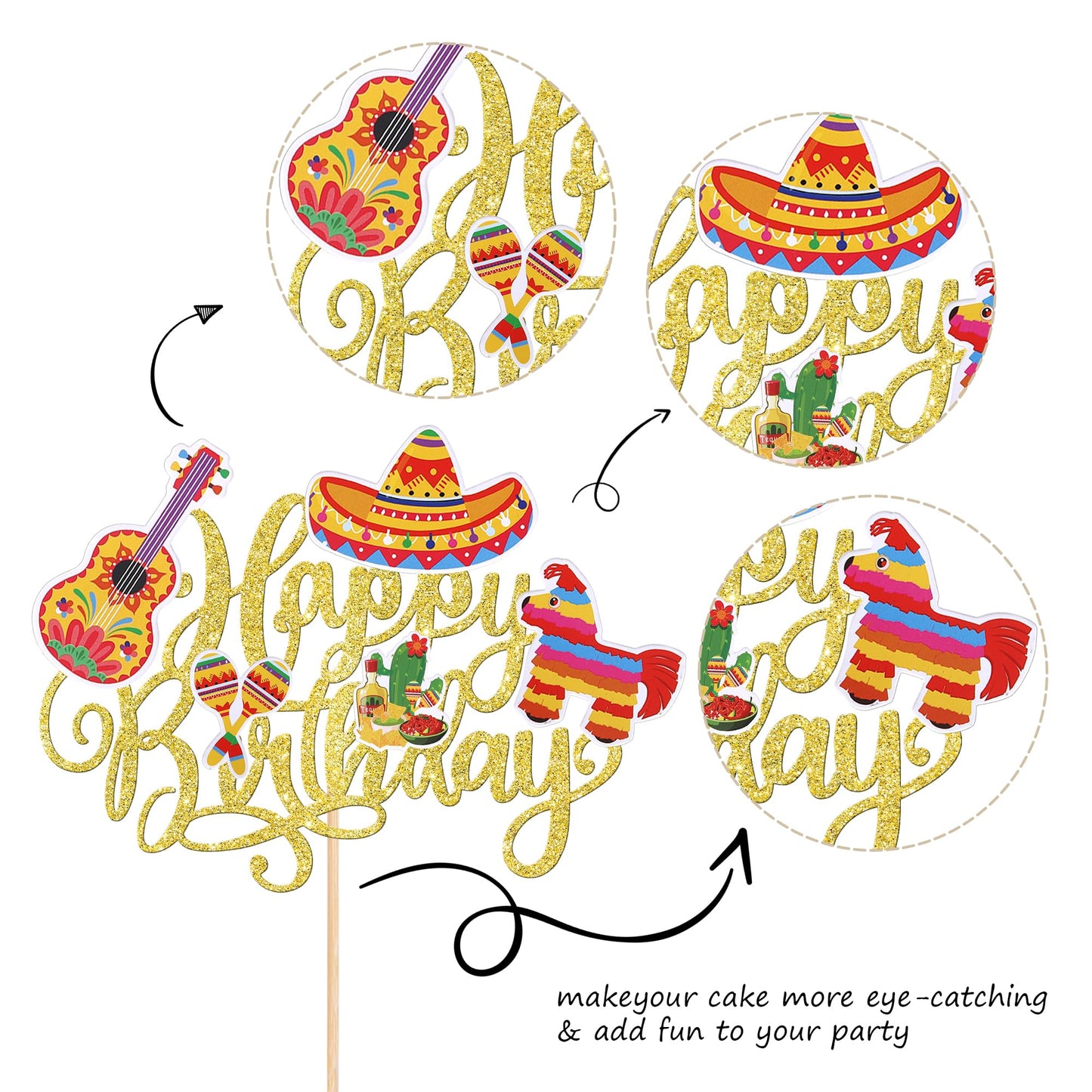 YCTHUNFISH Cake Topper, Happy Birthday Fiesta Theme, Paper & Bamboo, 5.3x8.7 inches, Gold