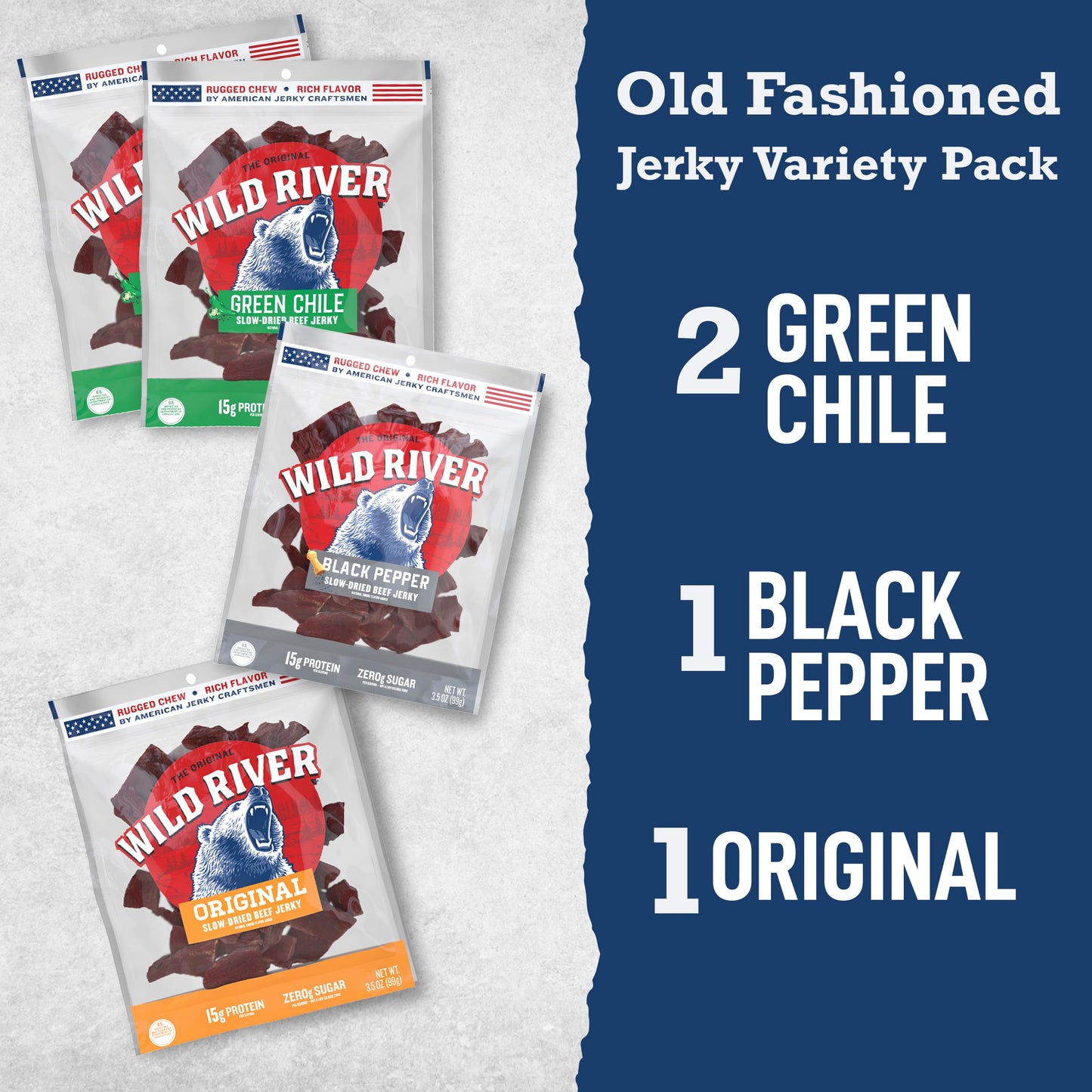 Wild River Beef Jerky Variety Pack, Old Fashioned Beef Jerky, Gluten Free - 2 Green Chile, Black Pepper, Original - Perfect Hunt