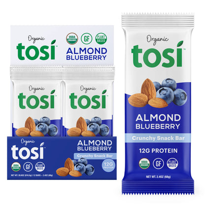 Tosi Almond Blueberry Protein Bars, Plant Based with Nuts, Gluten-Free Crunchy Snacks, Vegan, Organic, Flax & Chia Seeds, Soy-Fr