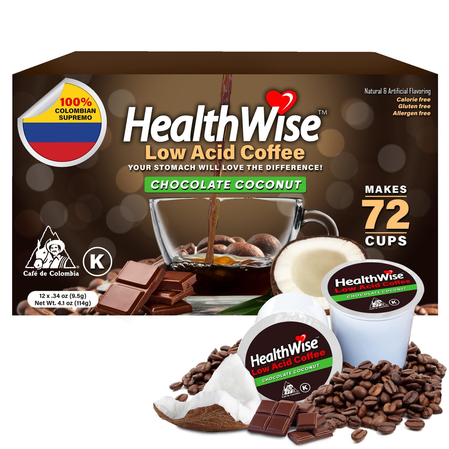 HealthWise 100% Colombian Coffee K-Cups, Medium Roast, Low Acid, 72 Count (Pack of 6)