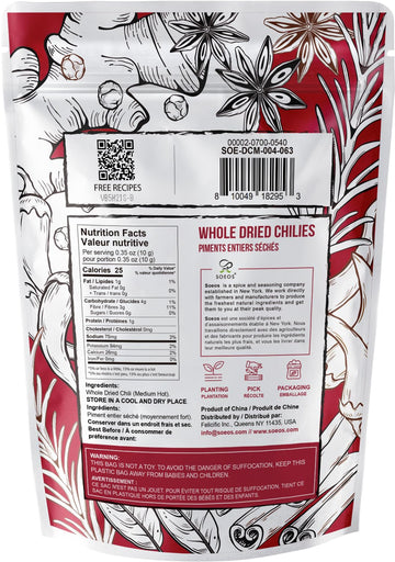 Soeos Whole Dried Chili Peppers, Medium Spicy, 4oz, Great for Mexican Recipes