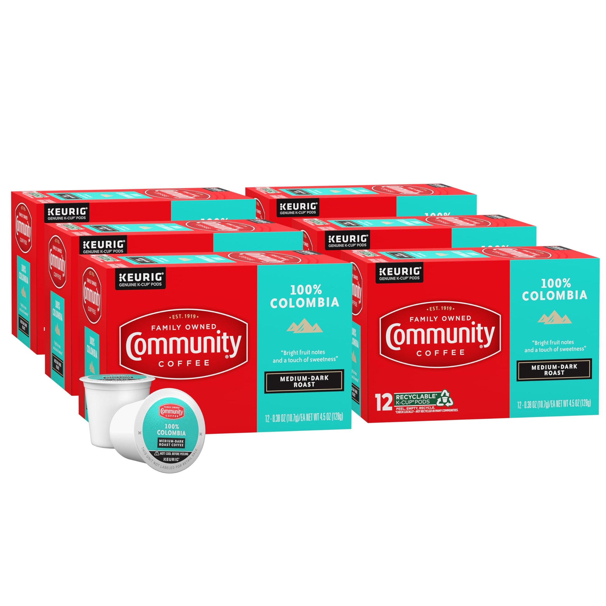 Community Coffee 100% Colombia Medium Dark Roast Coffee Pods, 72 Count, Compatible with Keurig 2.0, 12 Count (Pack of 6)
