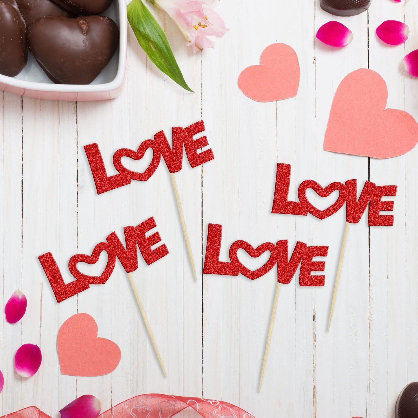 24Pcs Valentine'S Day Love Cupcake Toppers Glitter Pink Bow Sweet Love Cupcake Picks Valentine'S Day Theme Wedding Engagement Br