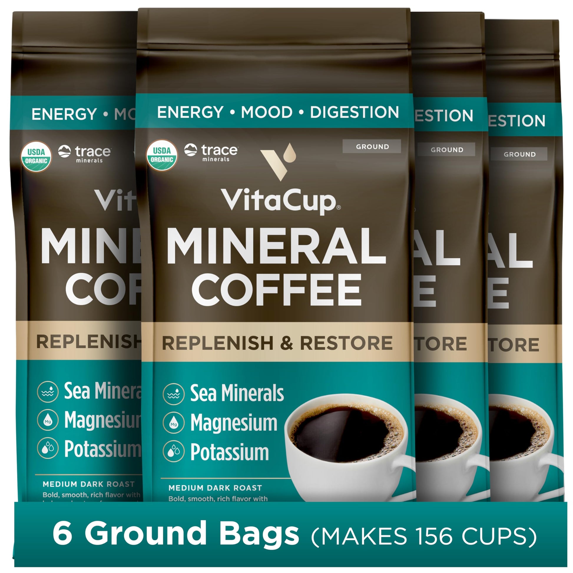 VitaCup Mineral Coffee, Medium Dark Roast, Ground Coffee, 10oz (Pack of 6), All Natural Sea Minerals and Electrolytes