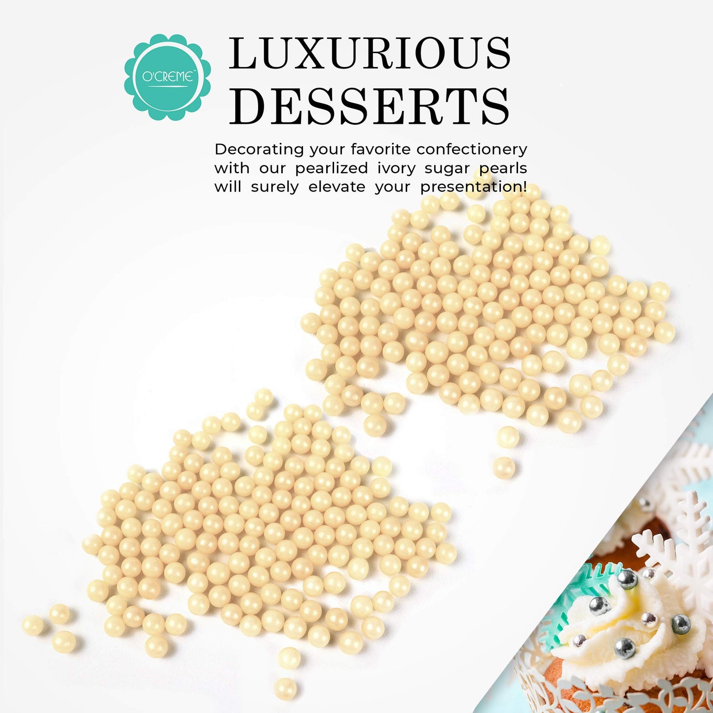 OCREME Edible Sugar Pearls for Cake Decorating, Ivory, 8mm, 8 oz