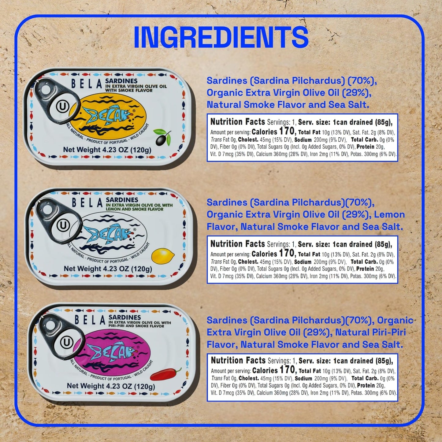 BELA Wild Caught Portuguese Sardines Variety Pack - (2) Tins Each of Piri Piri, Lemon, & Smoke Flavor | 4.25 Oz (Pack of 6) | Hi