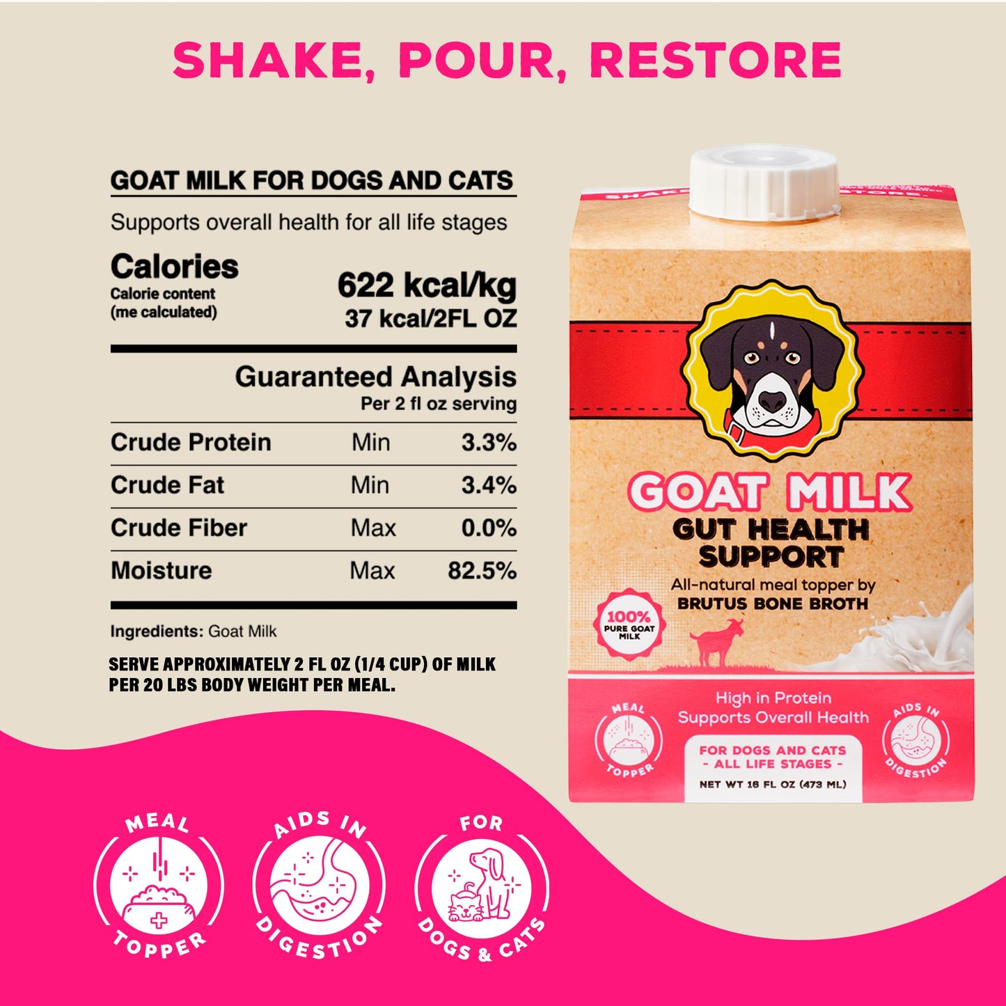 Brutus Bone Broth Goat Milk Meal Topper for Dogs & Cats - Digestive Support, Low-Lactose, 16 Fl Oz (Pack of 6)