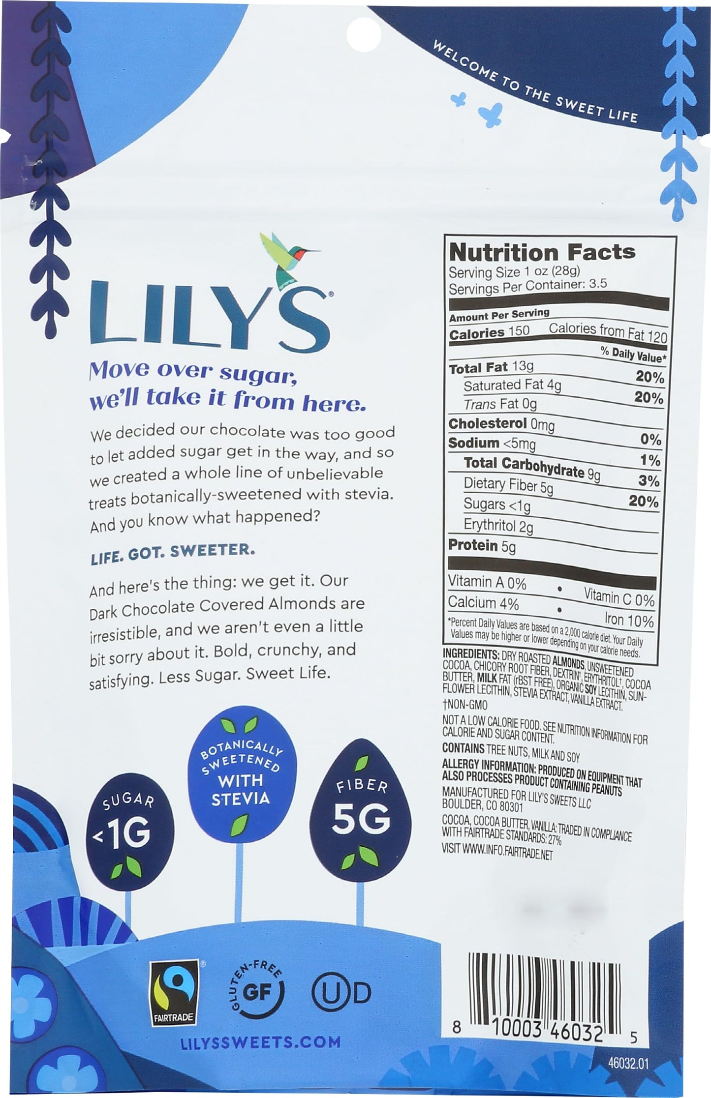 Lilys Sweets, Dark Chocolate Covered Almonds, 3.5 Ounce