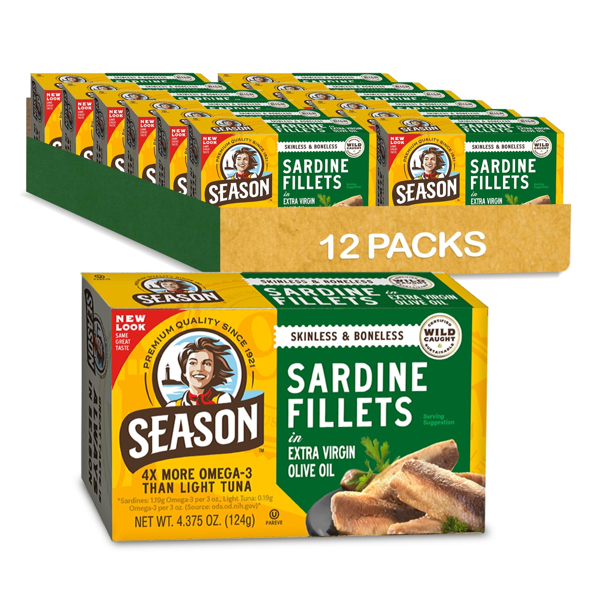 Season Sardines In Extra Virgin Olive Oil - Skinless & Boneless, Wild Caught, 22G Of Protein, Keto Snacks, More Omega 3'S Than Tuna, Kosher, High In Calcium, Canned Sardines - 4.37 Oz Tins, 12-Pack